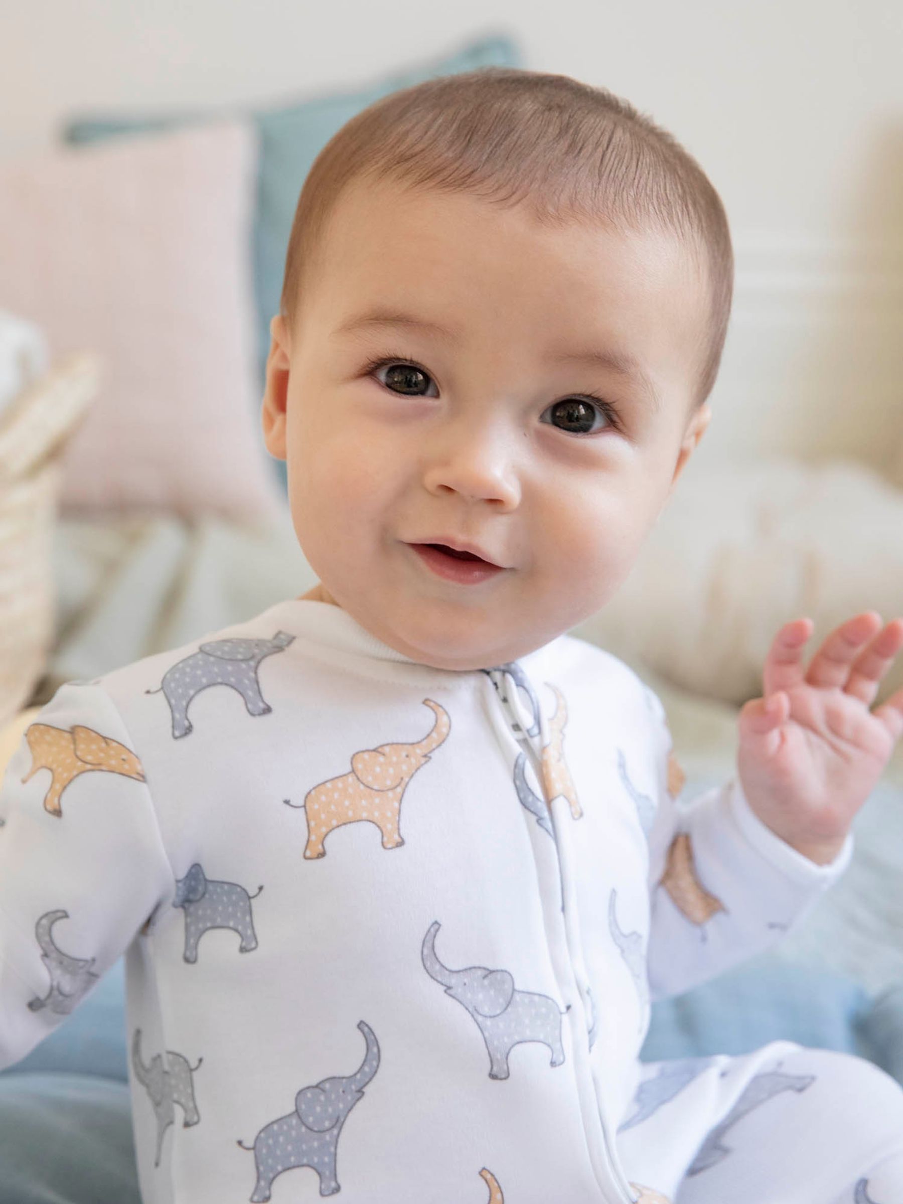 White Elephant Print Zip Cotton Baby Sleepsuit - Image 3 of 5