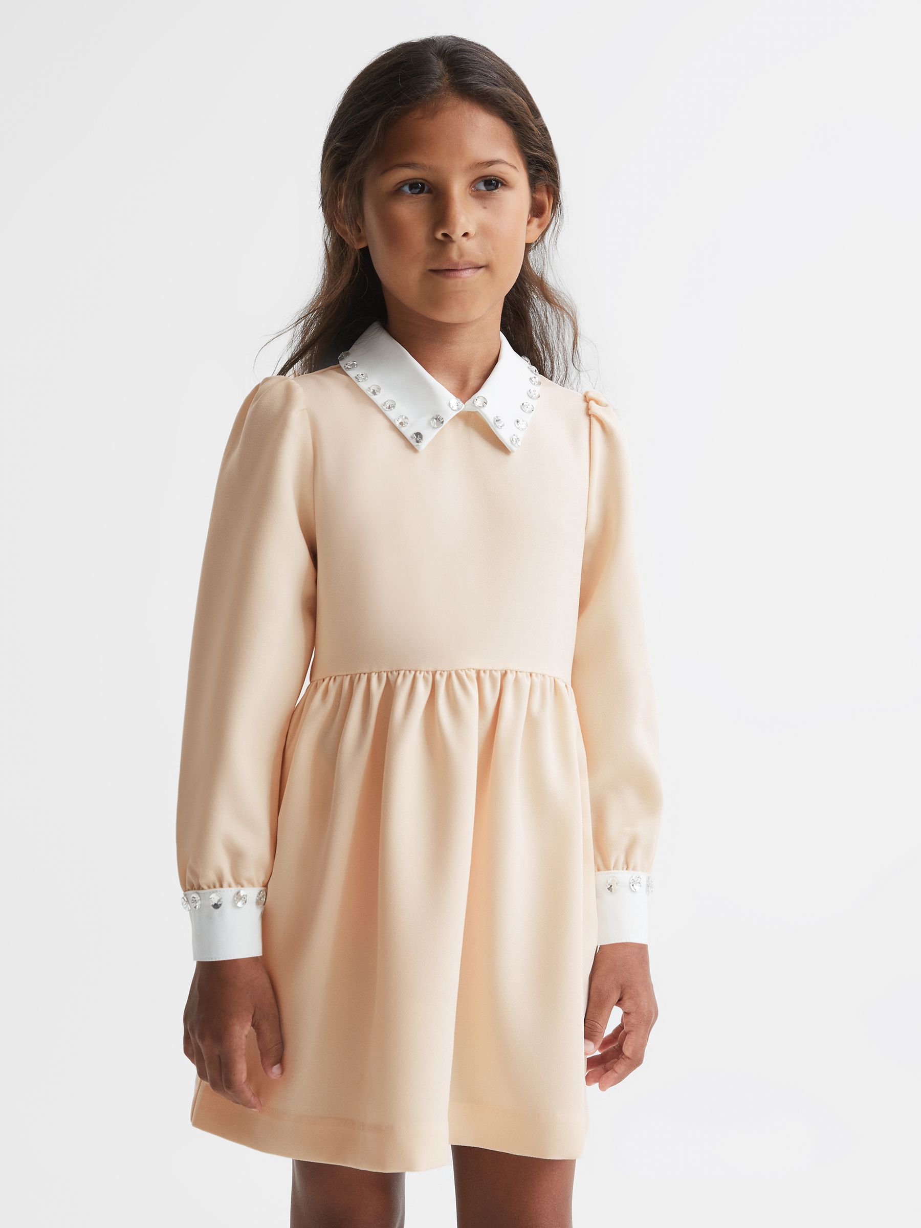 4-9 yrs Diamante Collar Fit And Flare Dress in Nude - 圖片 1/6