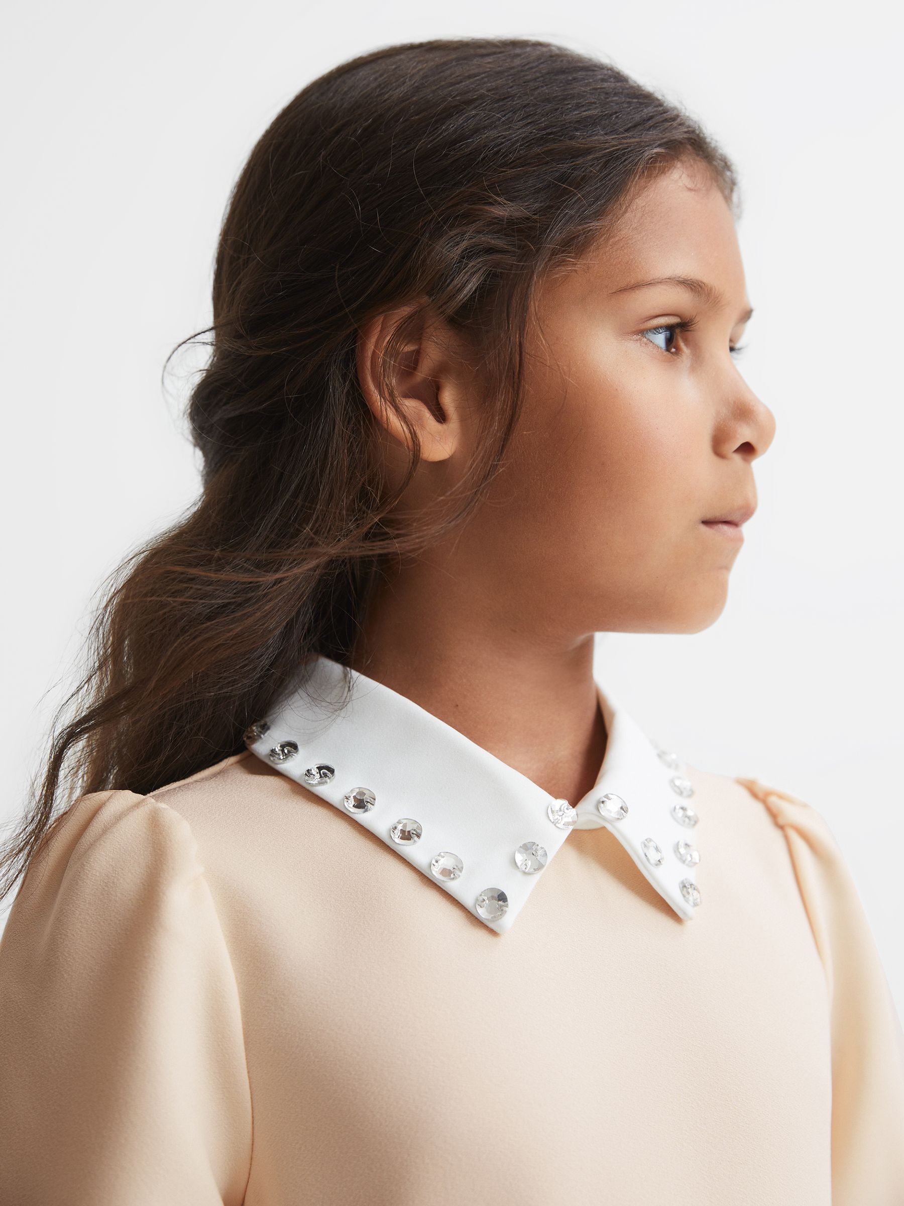 4-9 yrs Diamante Collar Fit And Flare Dress in Nude - 圖片 3/6