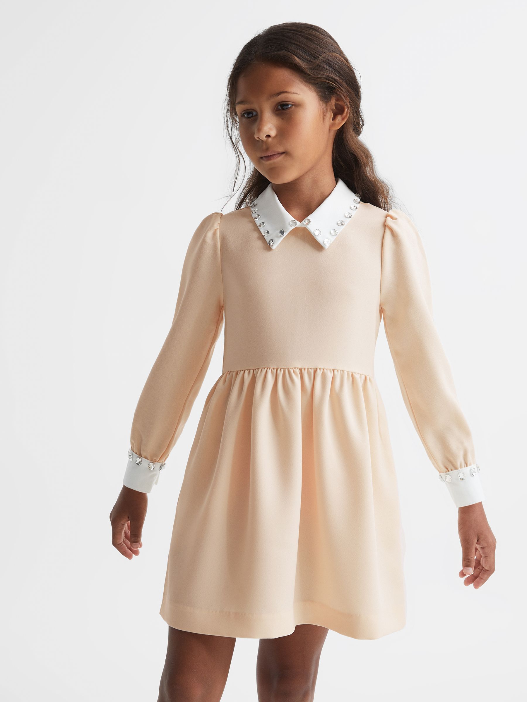 4-9 yrs Diamante Collar Fit And Flare Dress in Nude - 圖片 4/6