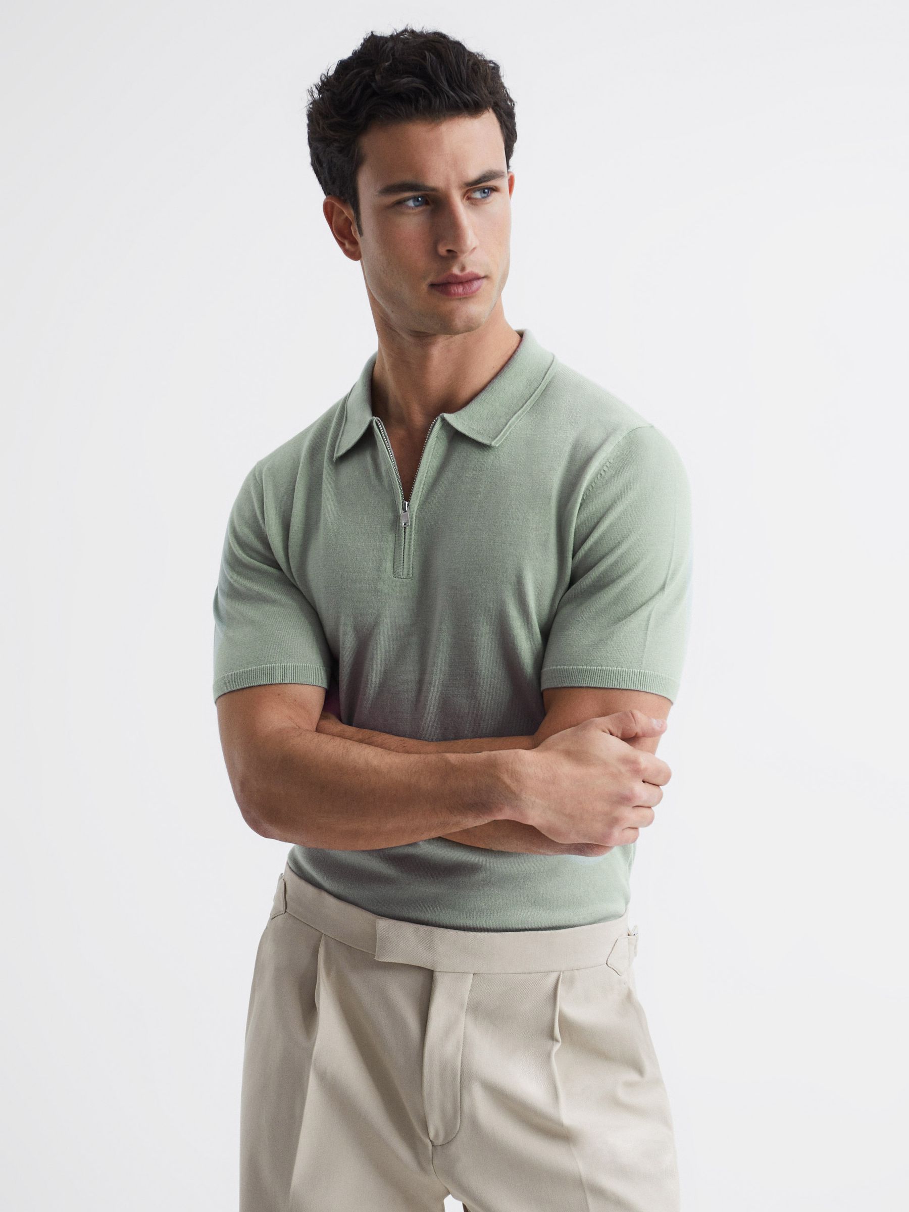 Merino Wool Half-Zip Polo Shirt in Apple - Image 1 of 6