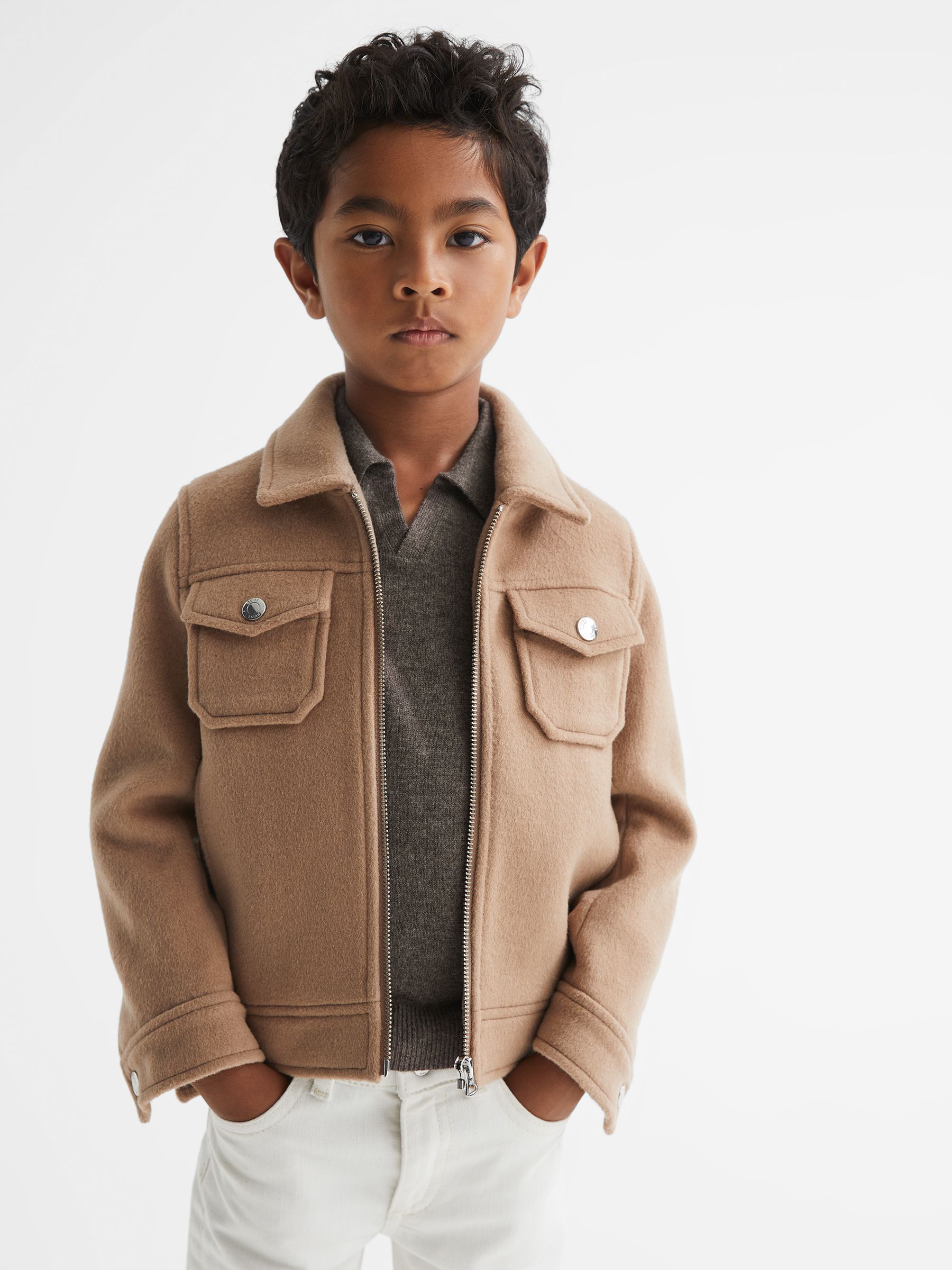 Junior Wool-Cashmere Blend Open Collar Polo in Mouse Melange - Image 5 of 6