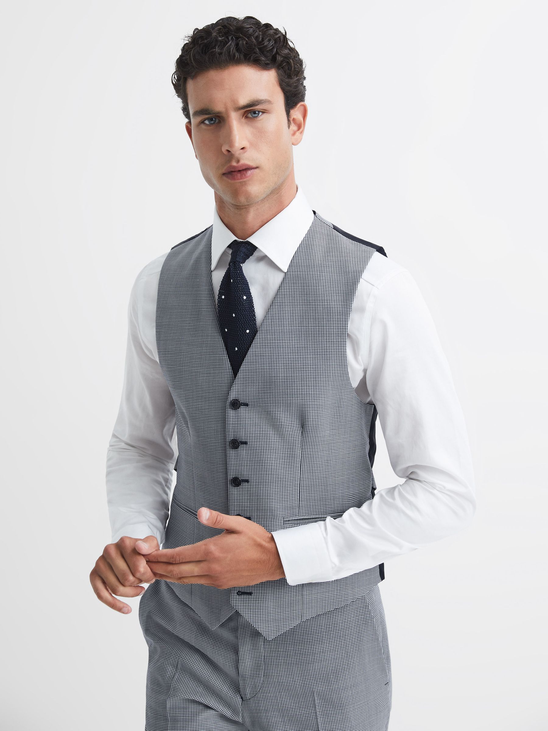 Wool Slim Fit Micro Puppytooth Waistcoat in Navy/White - Image 1 of 6