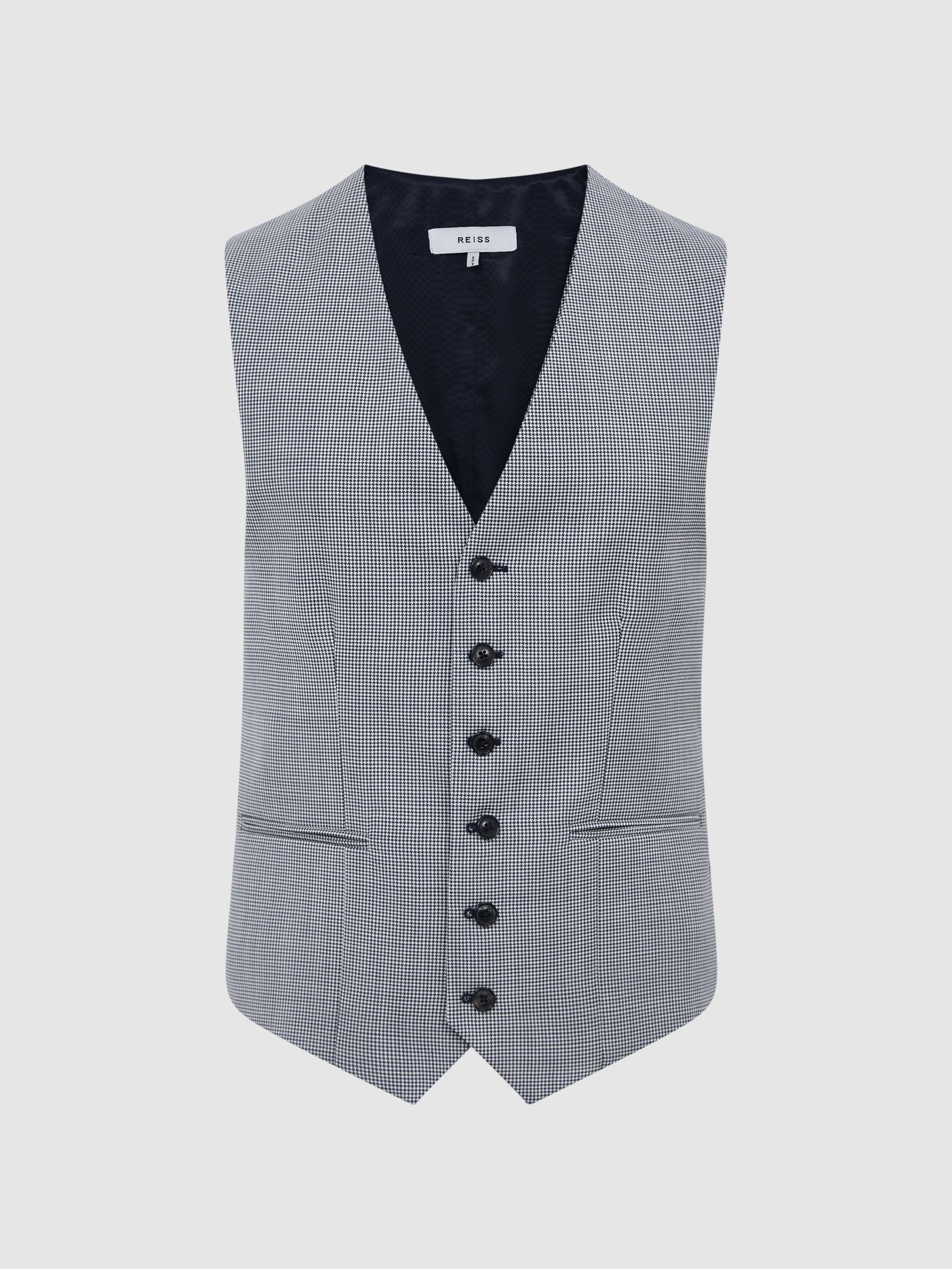 Wool Slim Fit Micro Puppytooth Waistcoat in Navy/White - Image 2 of 6