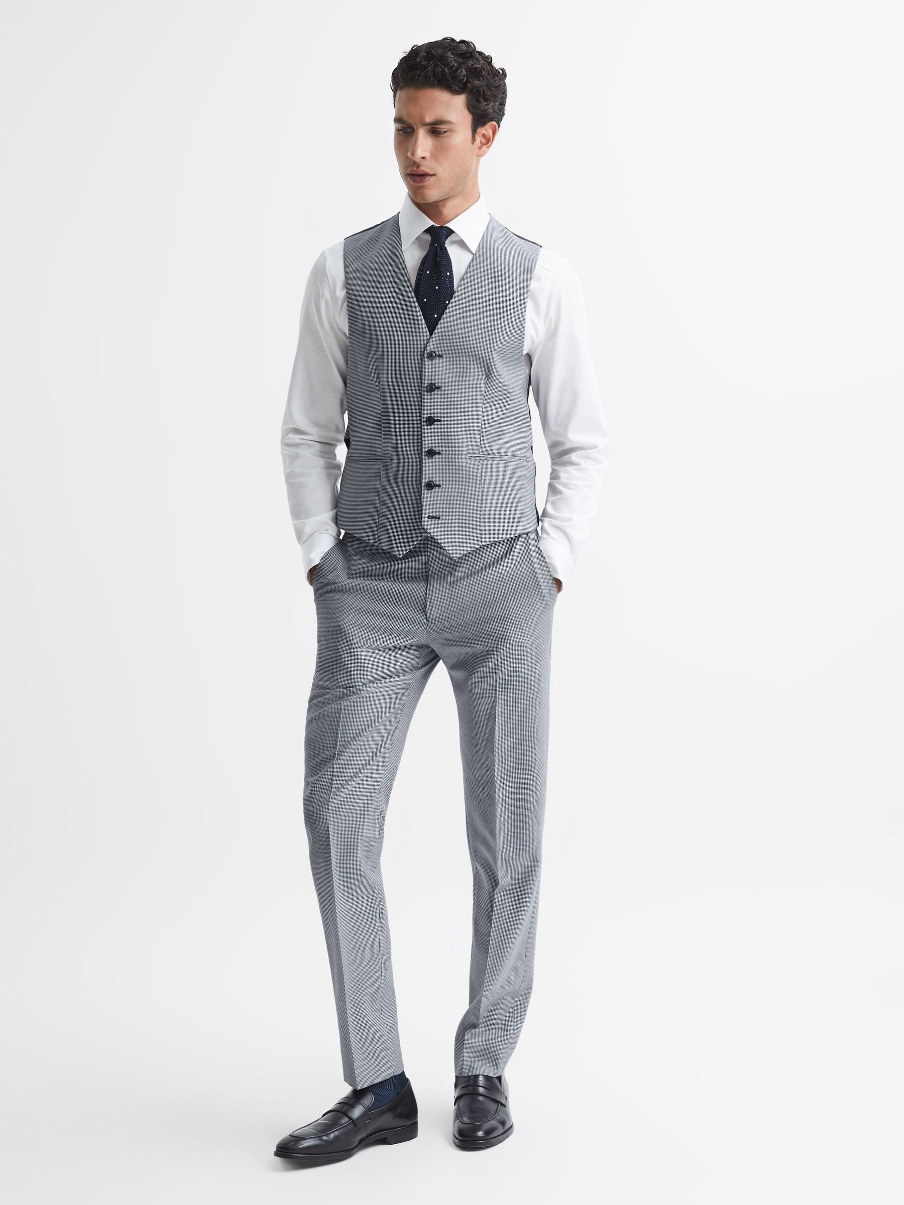 Wool Slim Fit Micro Puppytooth Waistcoat in Navy/White - Image 3 of 6