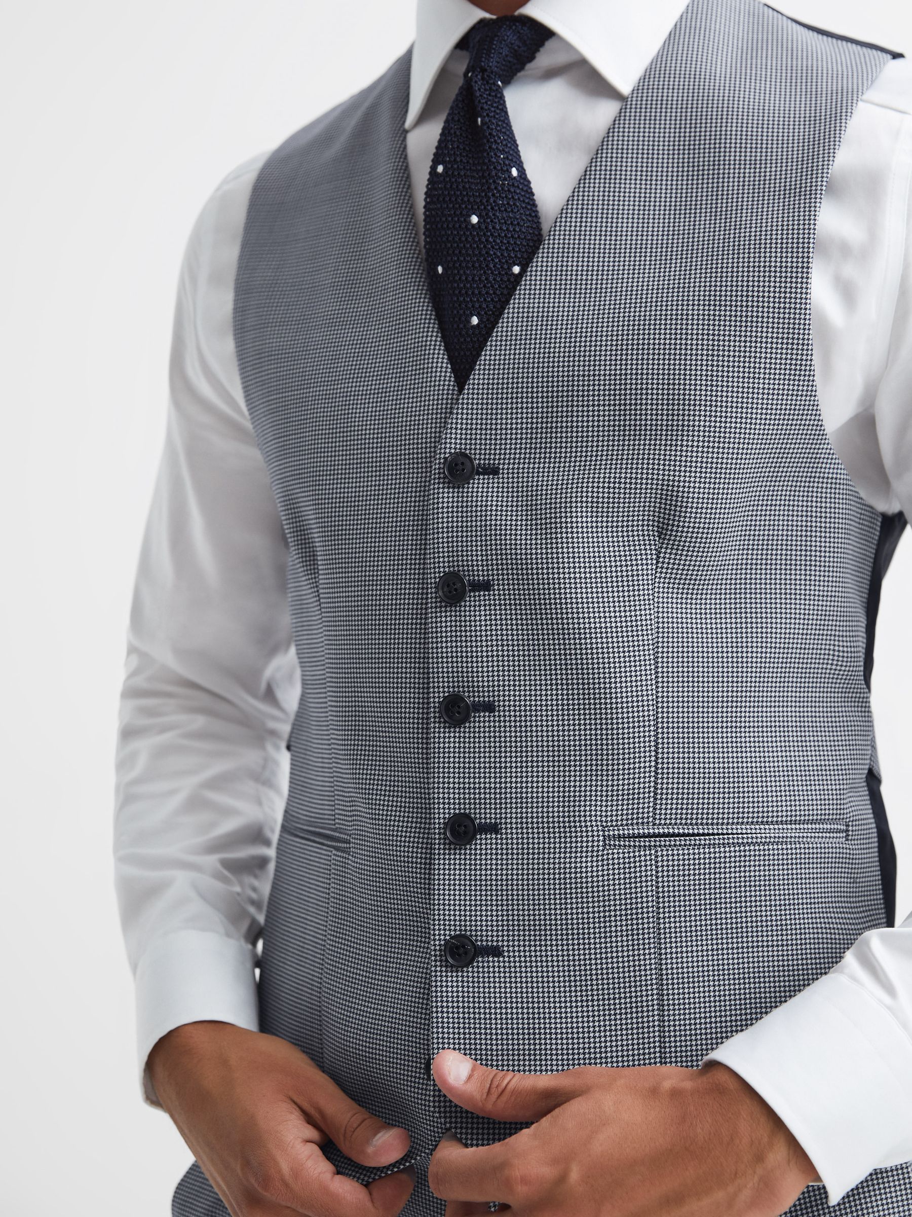 Wool Slim Fit Micro Puppytooth Waistcoat in Navy/White - Image 4 of 6