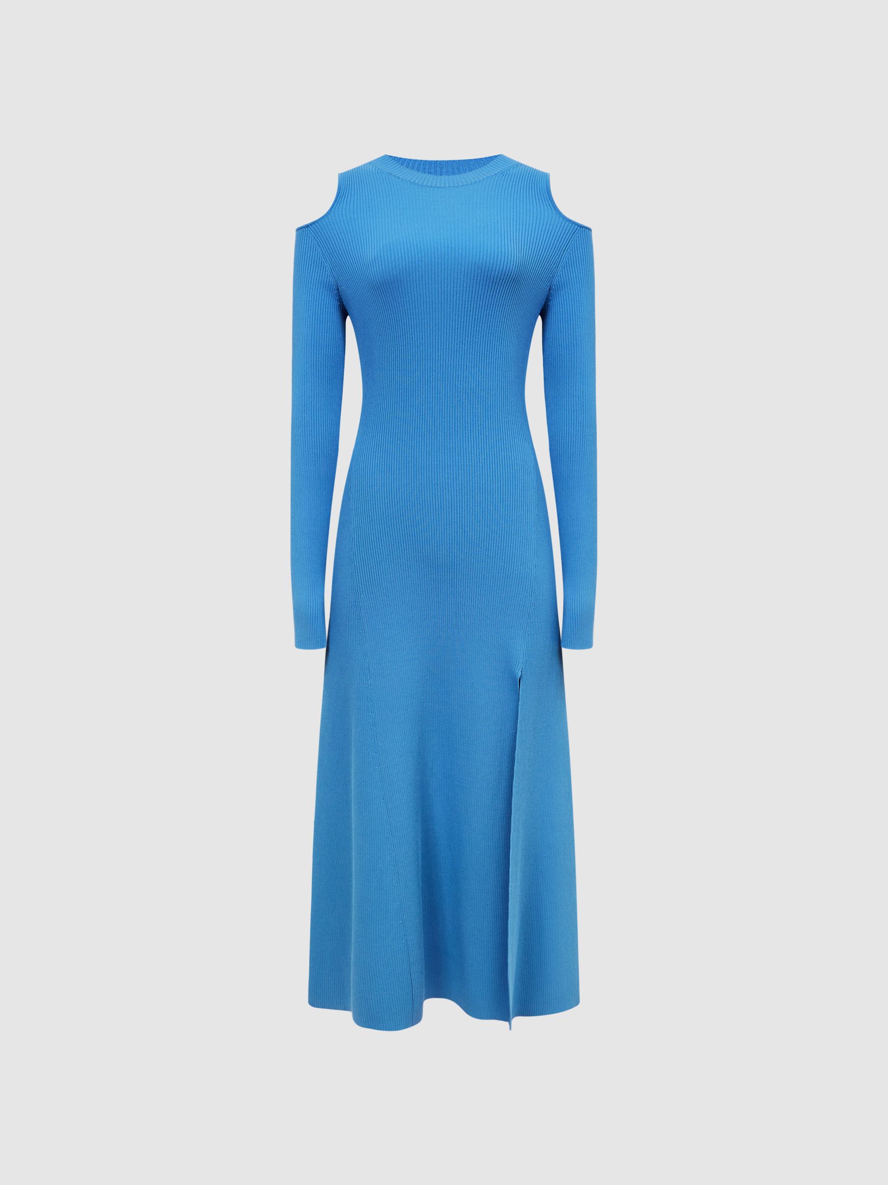 Cold Shoulder Knitted Dress in Blue - Image 2 of 7 Cold Shoulder Knitted Dress in Blue - Image 2 of 7