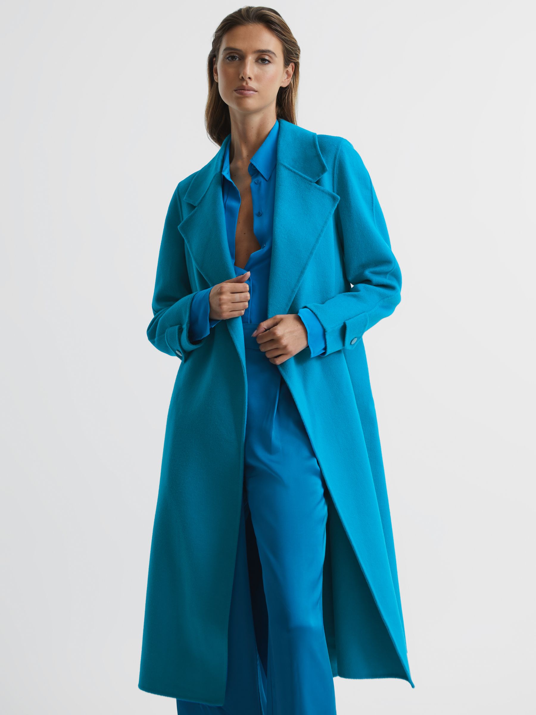 Belted Blindseam Wool Longline Coat in Blue - Image 1 of 7