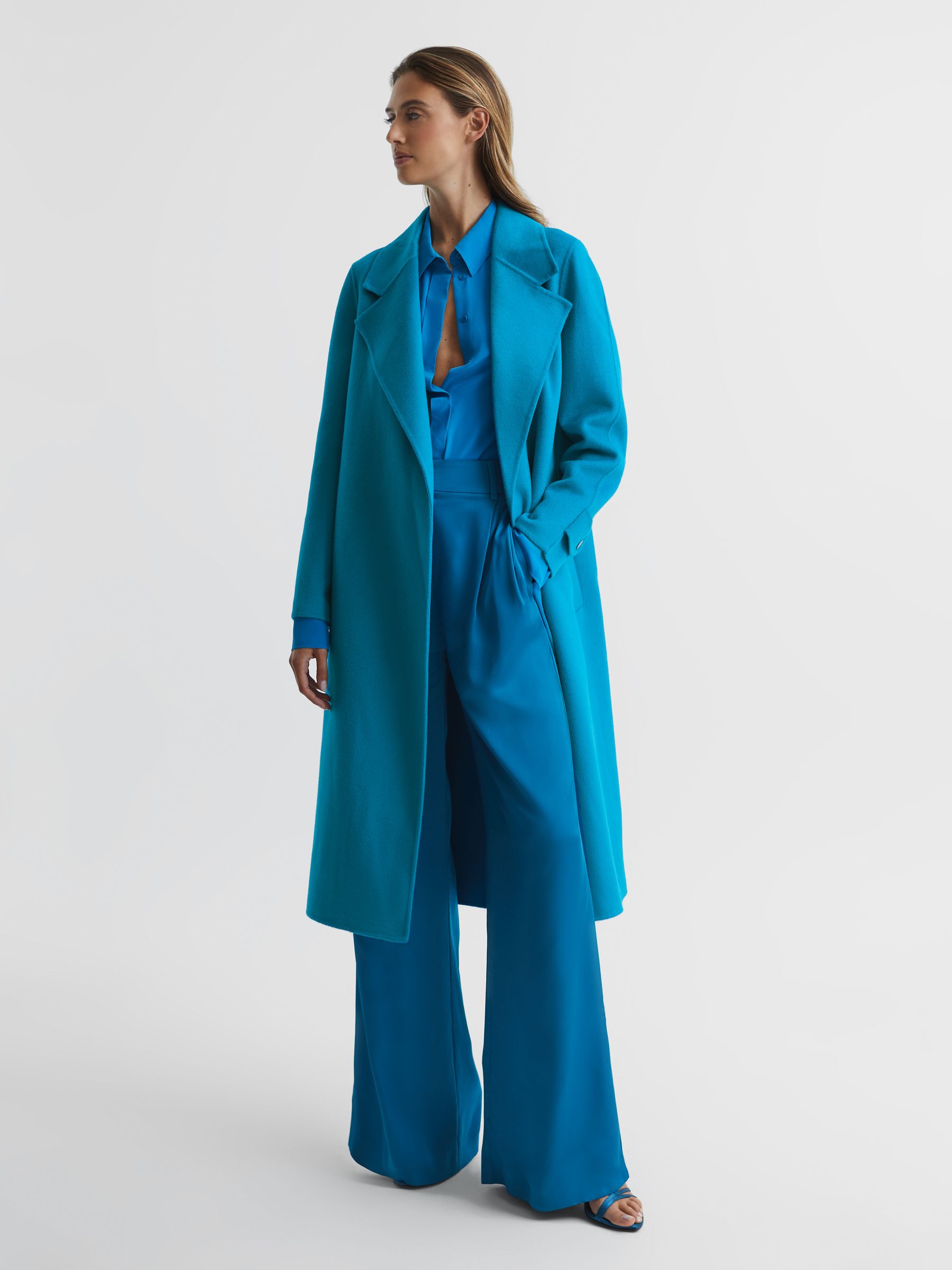 Belted Blindseam Wool Longline Coat in Blue - Image 3 of 7