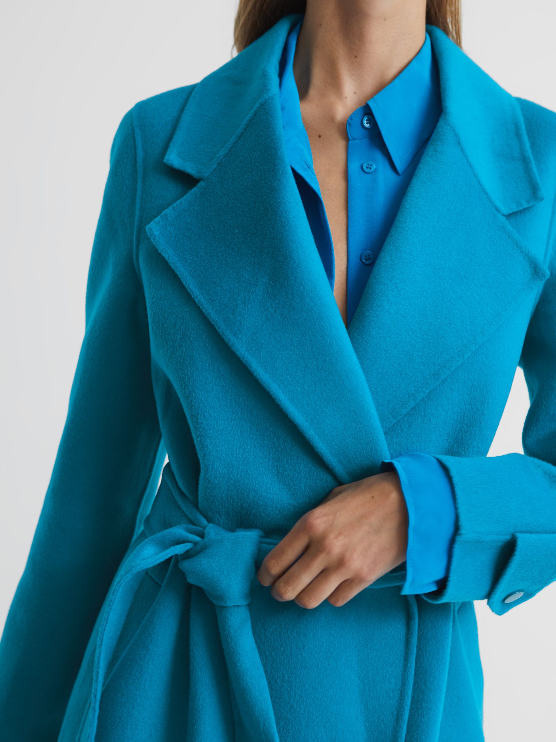 Belted Blindseam Wool Longline Coat in Blue - Image 4 of 7