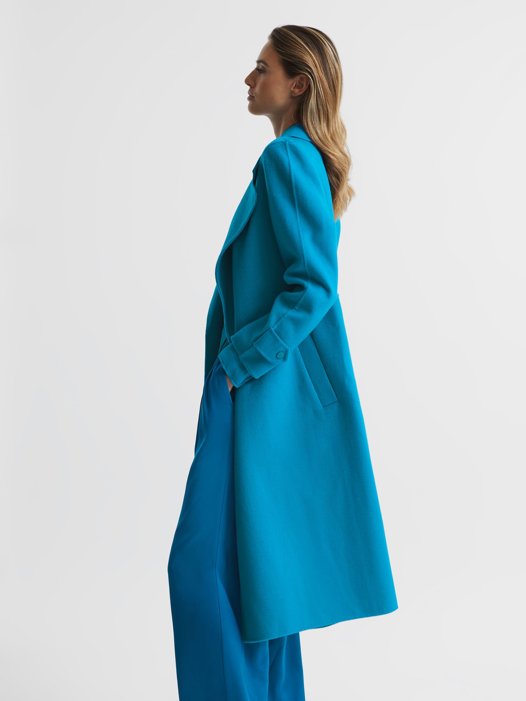 Belted Blindseam Wool Longline Coat in Blue - Image 6 of 7