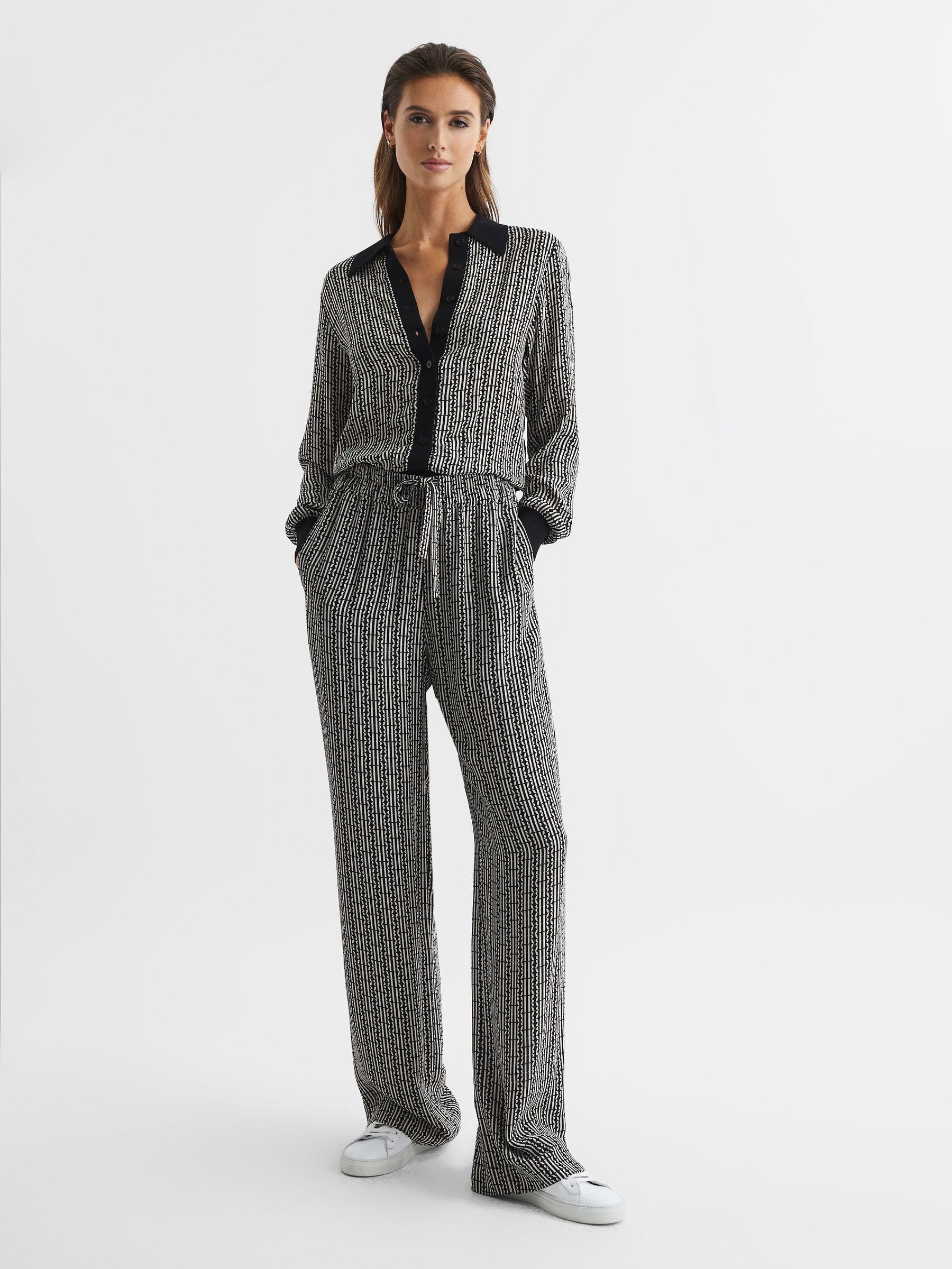 Printed Wide Leg Trousers in Black - Image 1 of 7