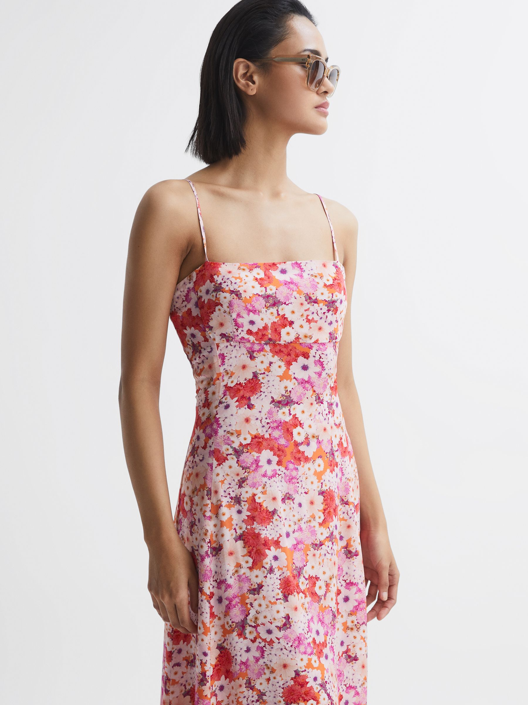 Petite Floral Print Fitted Midi Dress in Pink Print - Image 1 of 6 Petite Floral Print Fitted Midi Dress in Pink Print - Image 1 of 6
