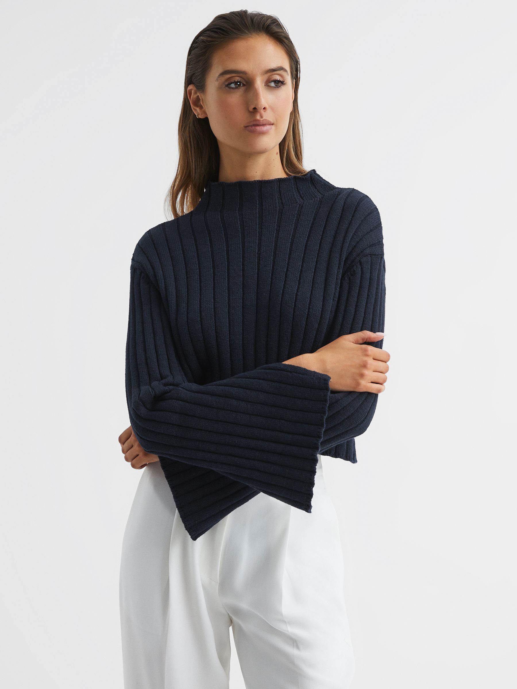 Funnel Neck Cropped Jumper in Navy - Image 1 of 7