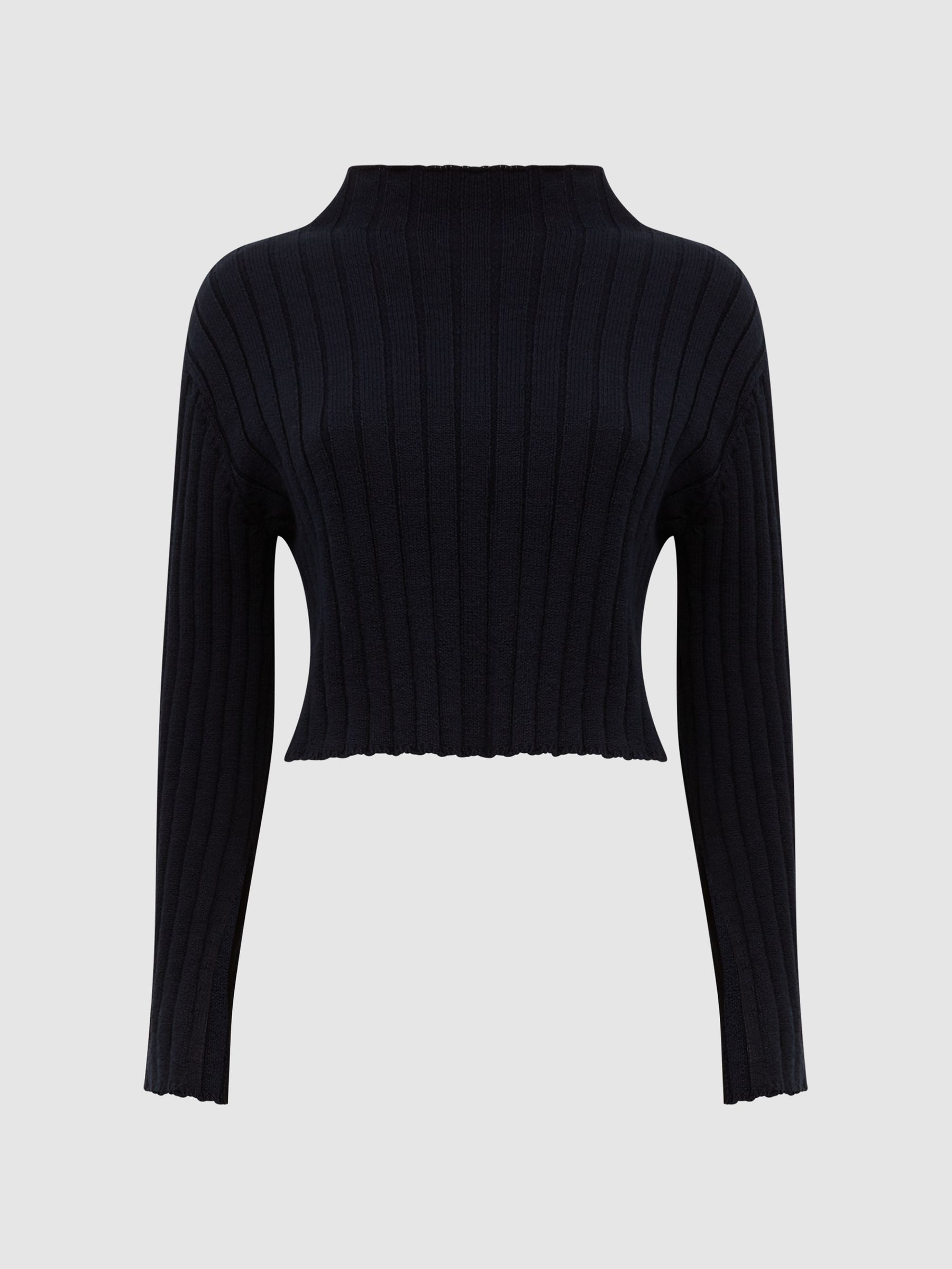 Funnel Neck Cropped Jumper in Navy - Image 2 of 7