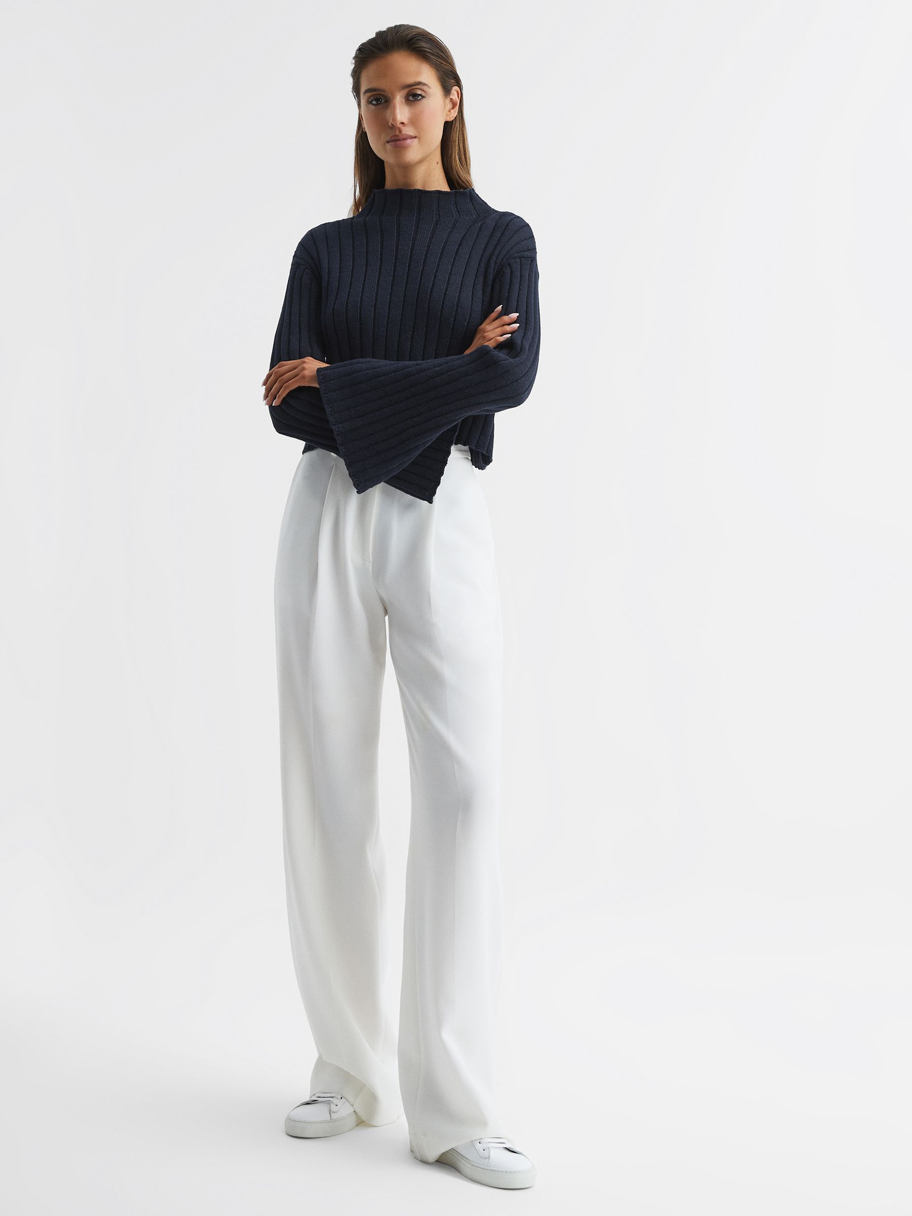 Funnel Neck Cropped Jumper in Navy - Image 3 of 7
