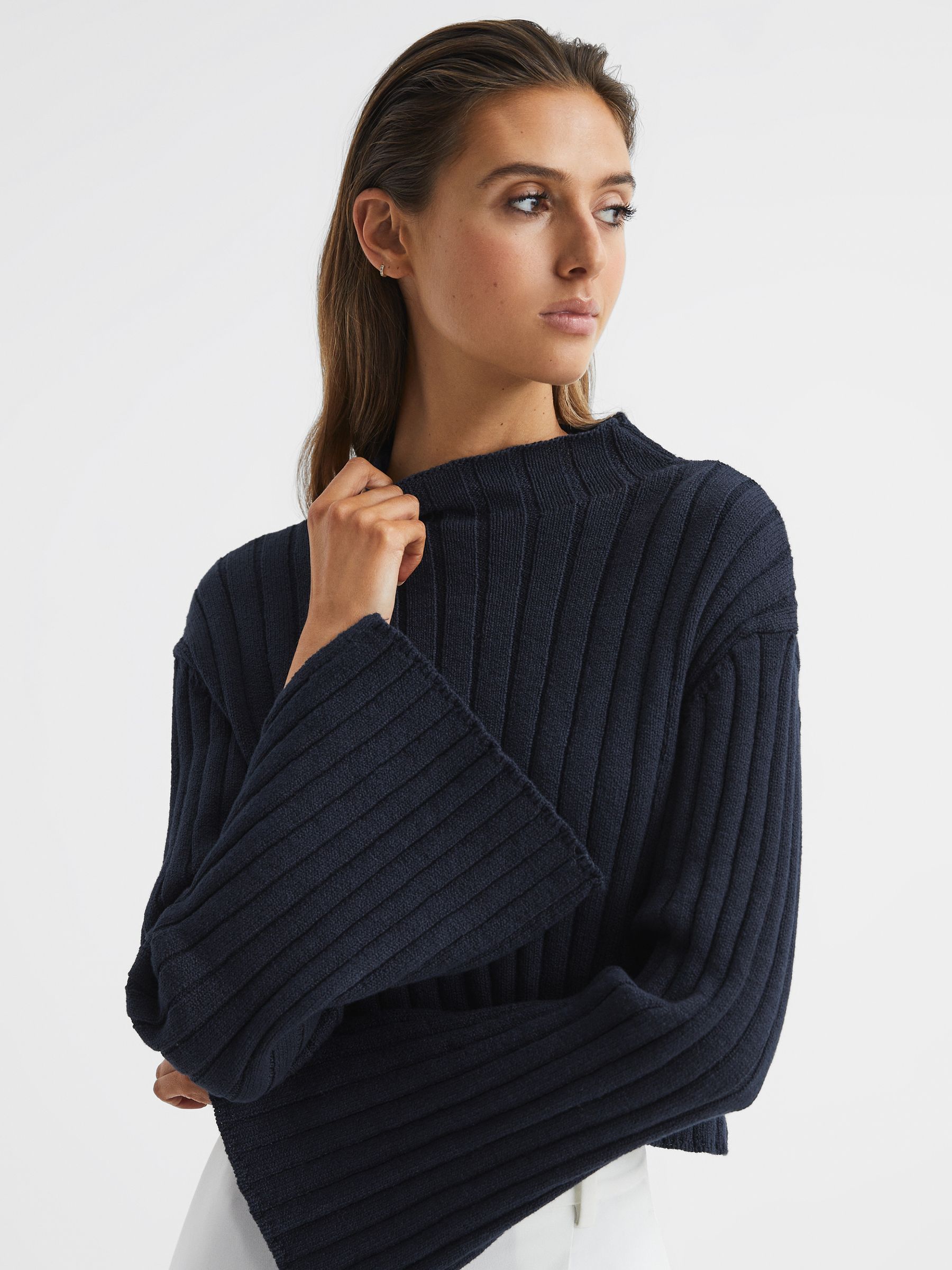 Funnel Neck Cropped Jumper in Navy - Image 4 of 7