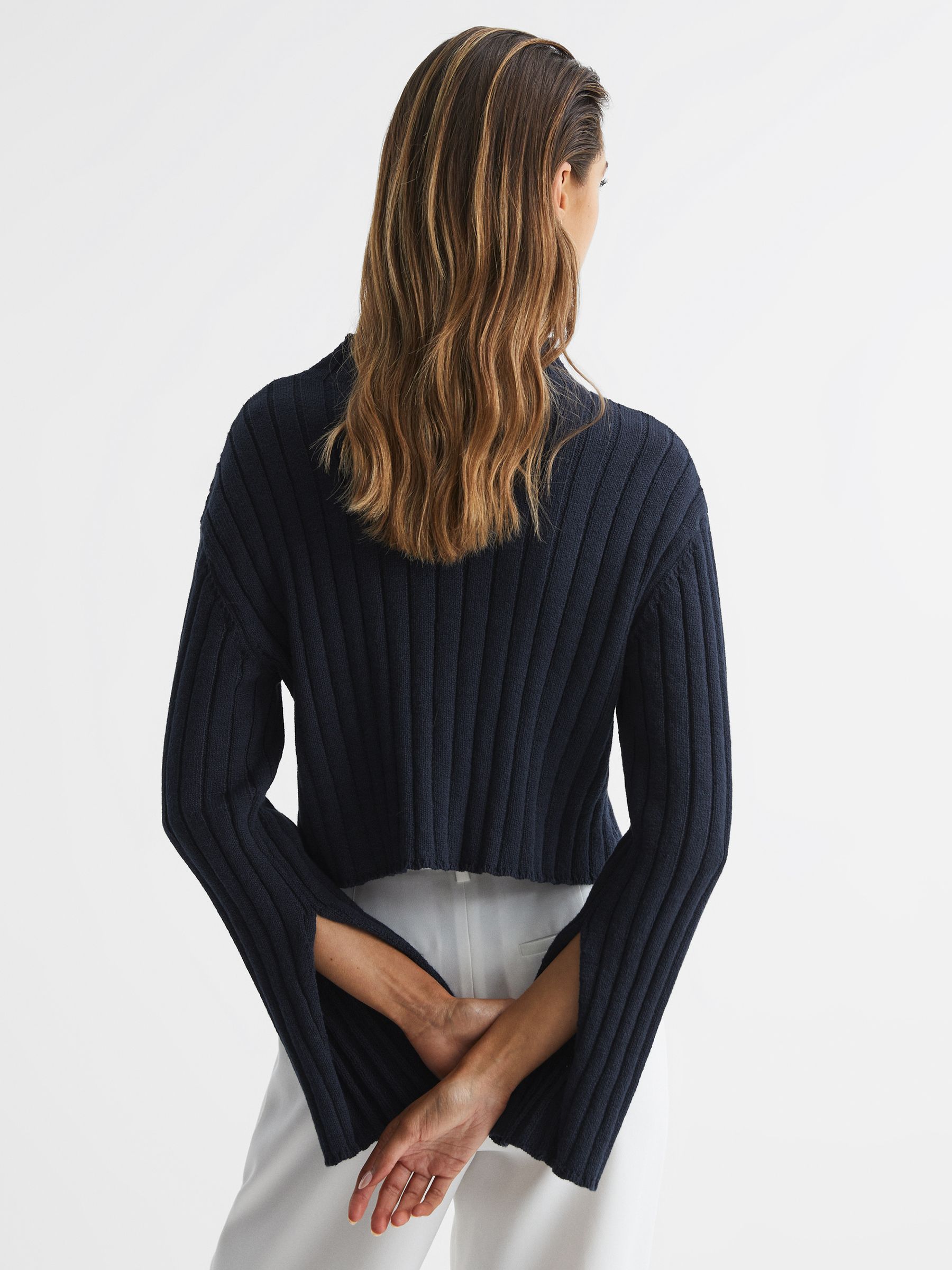 Funnel Neck Cropped Jumper in Navy - Image 5 of 7