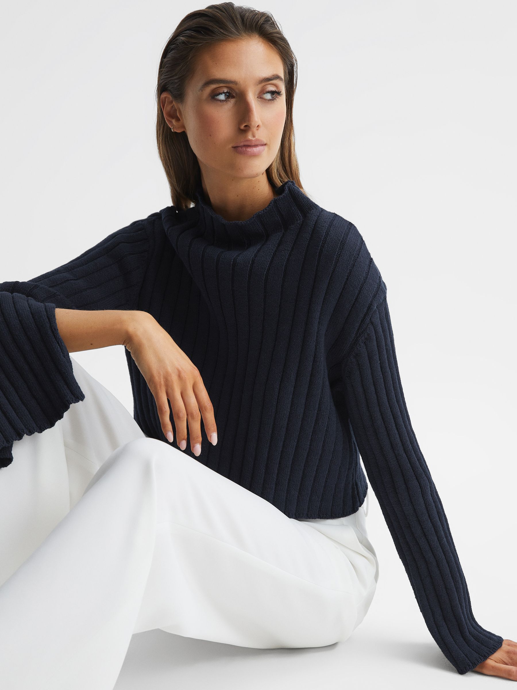 Funnel Neck Cropped Jumper in Navy - Image 6 of 7