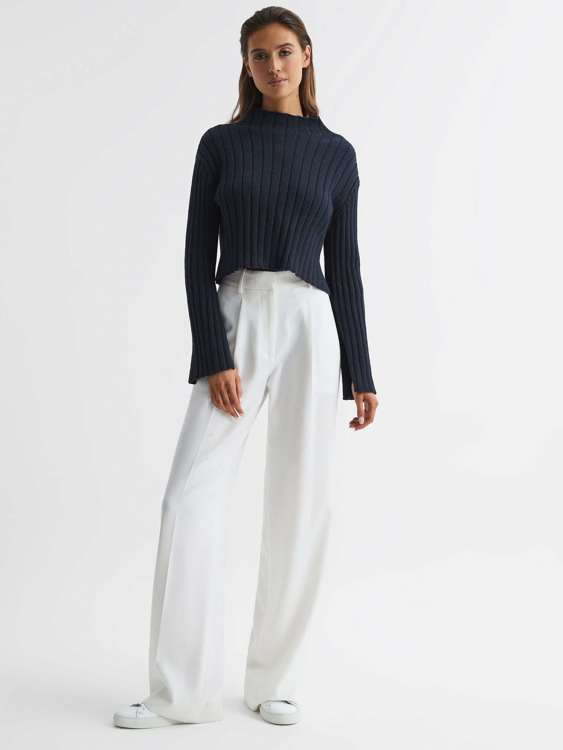 Funnel Neck Cropped Jumper in Navy - Image 7 of 7