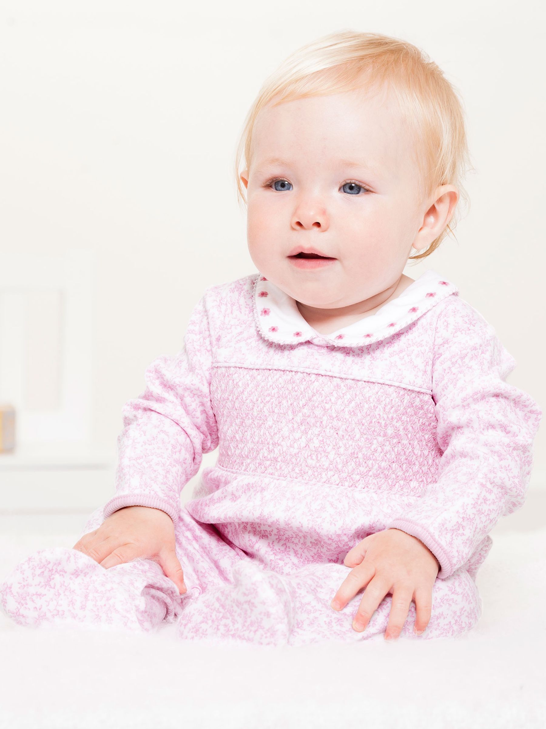 Pink Floral Smocked Cotton Baby Sleepsuit - Image 2 of 4
