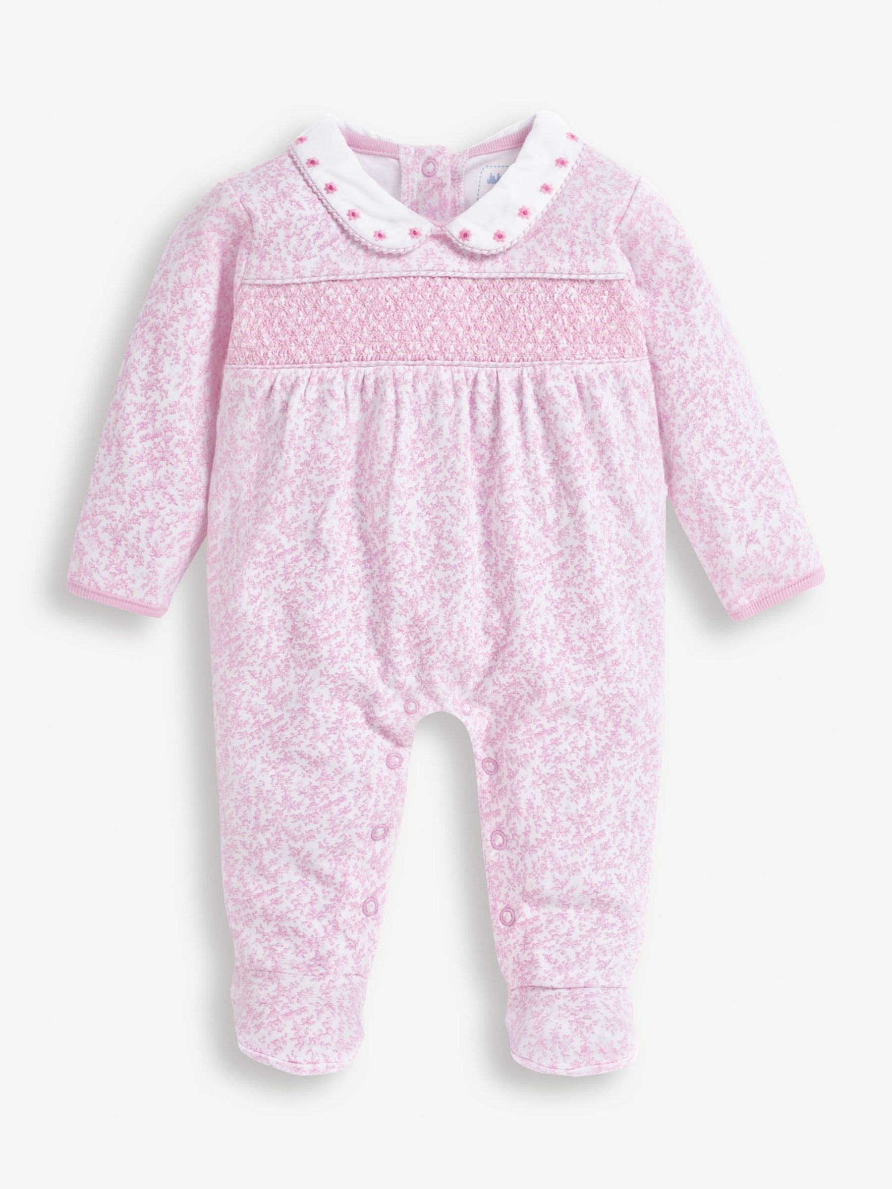 Pink Floral Smocked Cotton Baby Sleepsuit - Image 4 of 4
