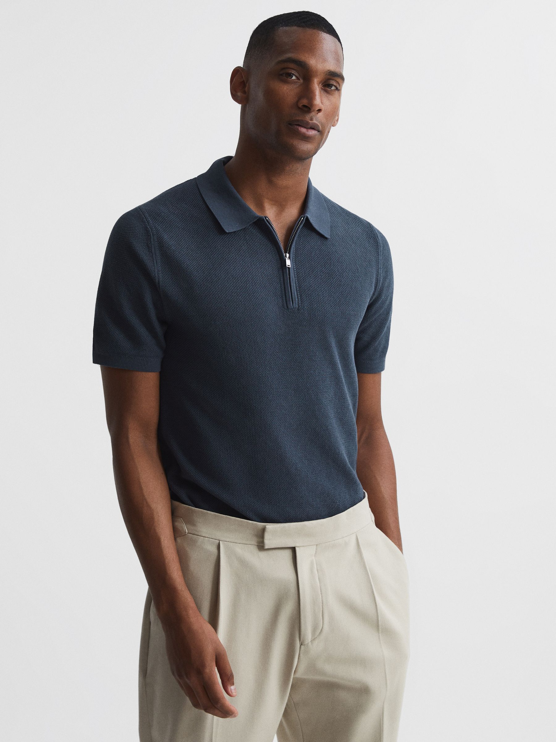 Half Zip Stitch Interest Polo T-Shirt in Blue - Image 1 of 5