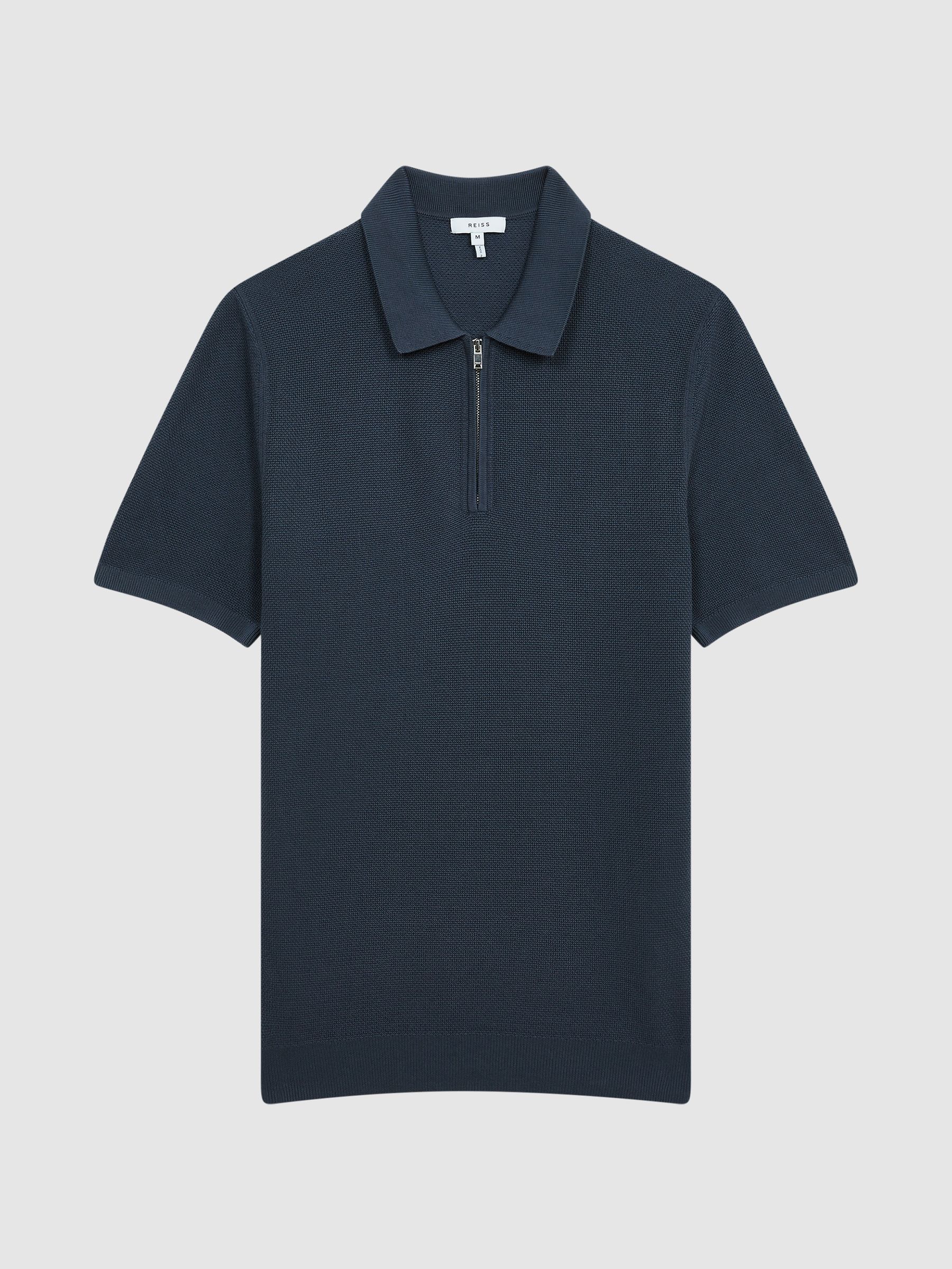 Half Zip Stitch Interest Polo T-Shirt in Blue - Image 2 of 5 Half Zip Stitch Interest Polo T-Shirt in Blue - Image 2 of 5