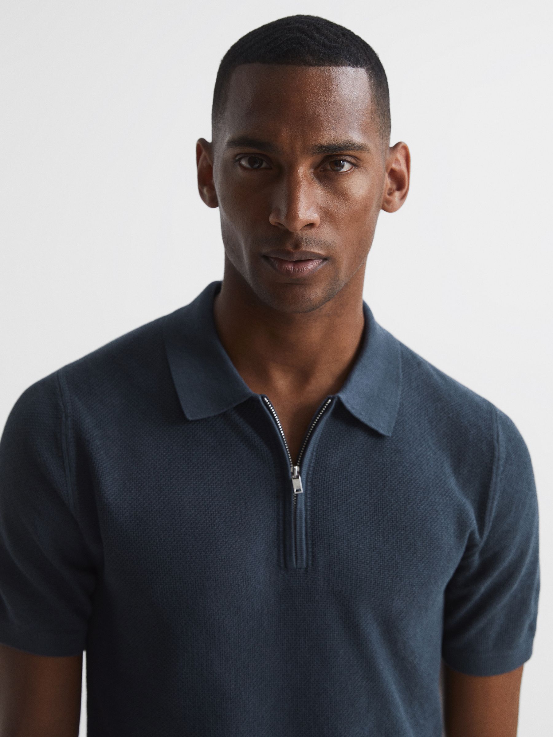 Half Zip Stitch Interest Polo T-Shirt in Blue - Image 4 of 5