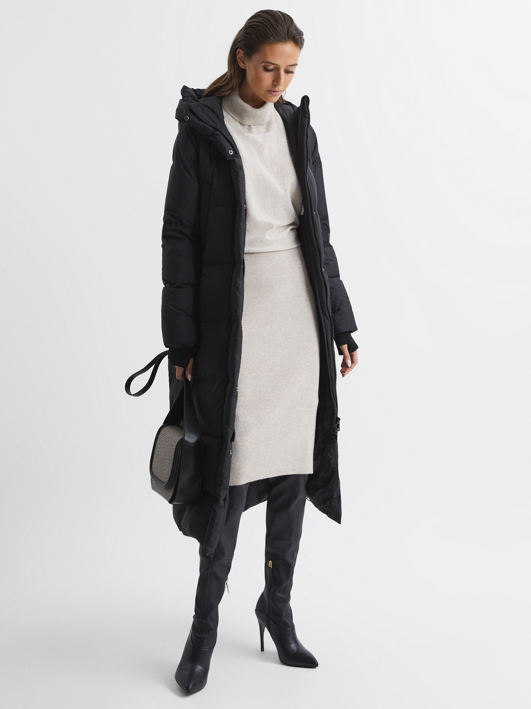 Longline Hooded Puffer Coat in Black - Image 1 of 8 Longline Hooded Puffer Coat in Black - Image 1 of 8
