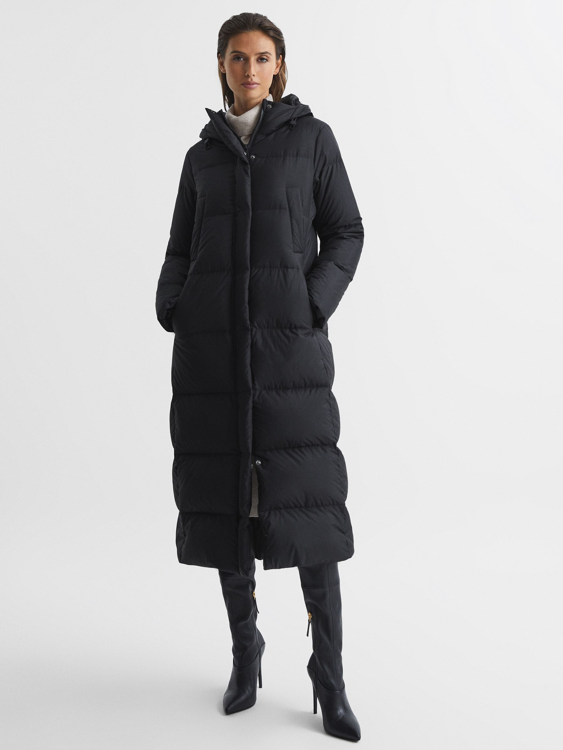 Longline Hooded Puffer Coat in Black - Image 6 of 8