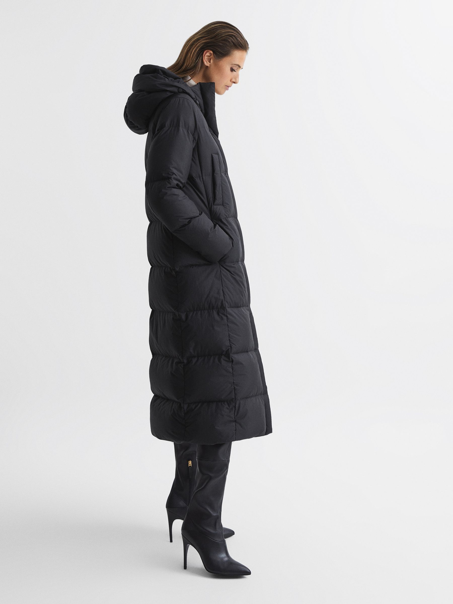 Longline Hooded Puffer Coat in Black - Image 7 of 8