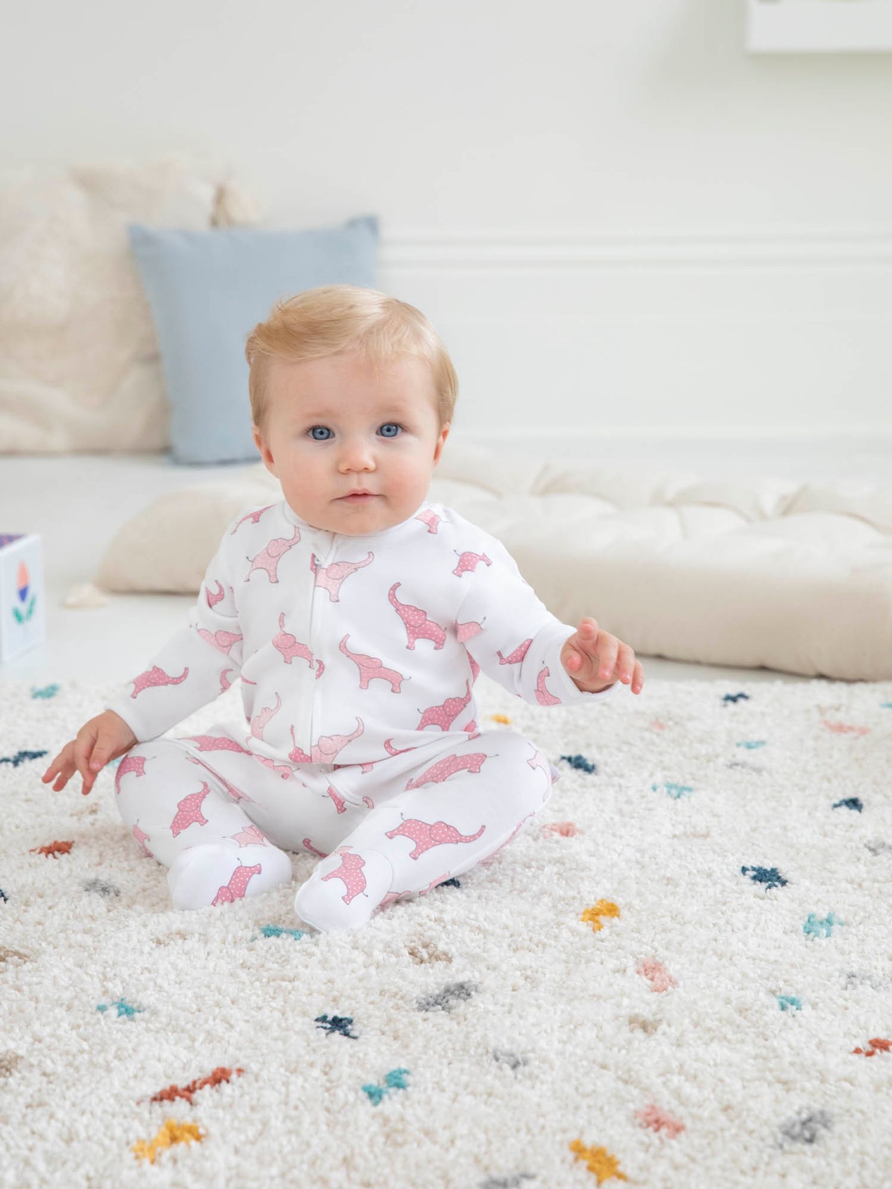 Pink Elephant Print Zip Cotton Baby Sleepsuit - Image 1 of 4