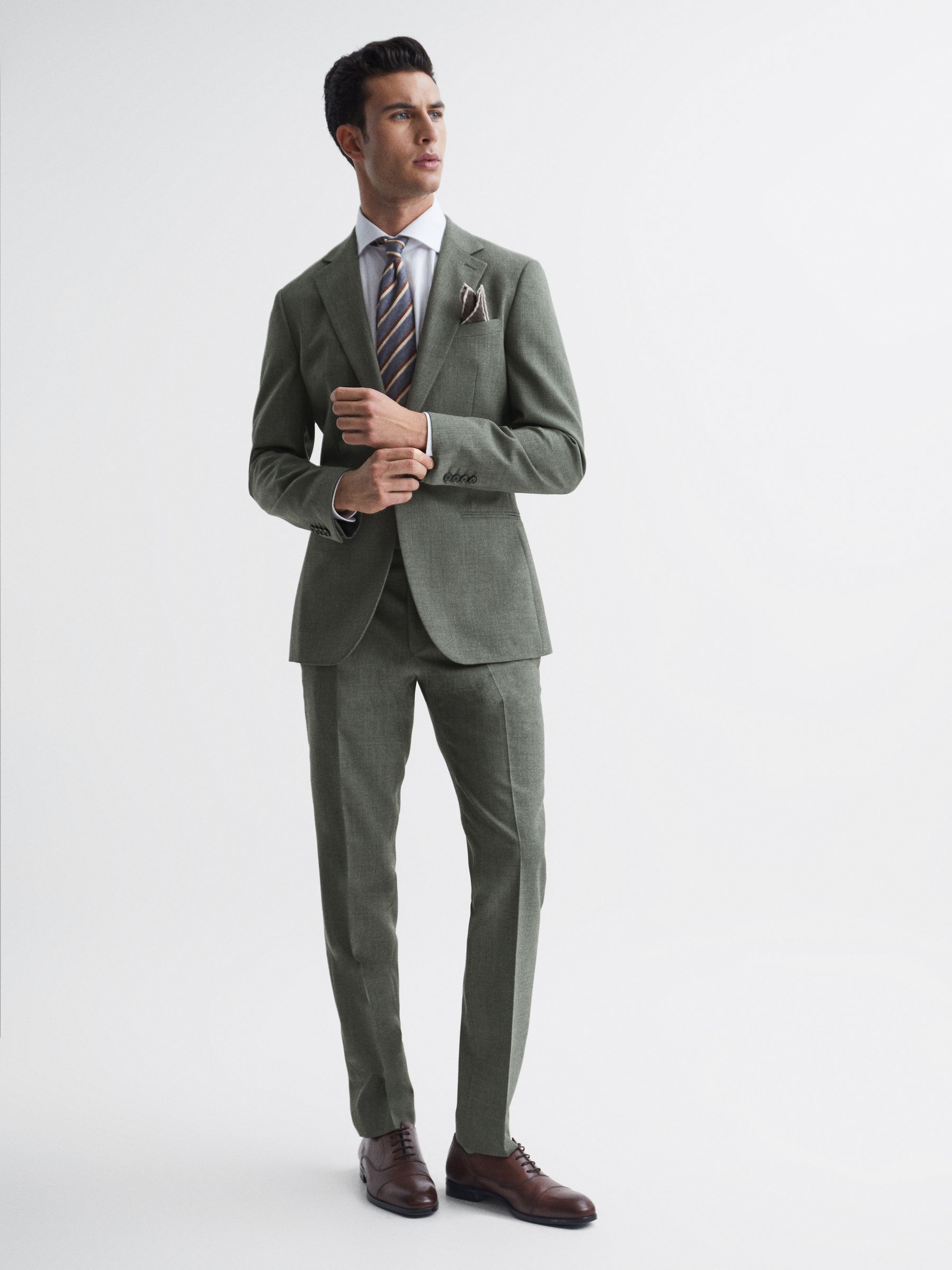 Slim Fit Wool Side Adjuster Trousers in Green - Image 3 of 5