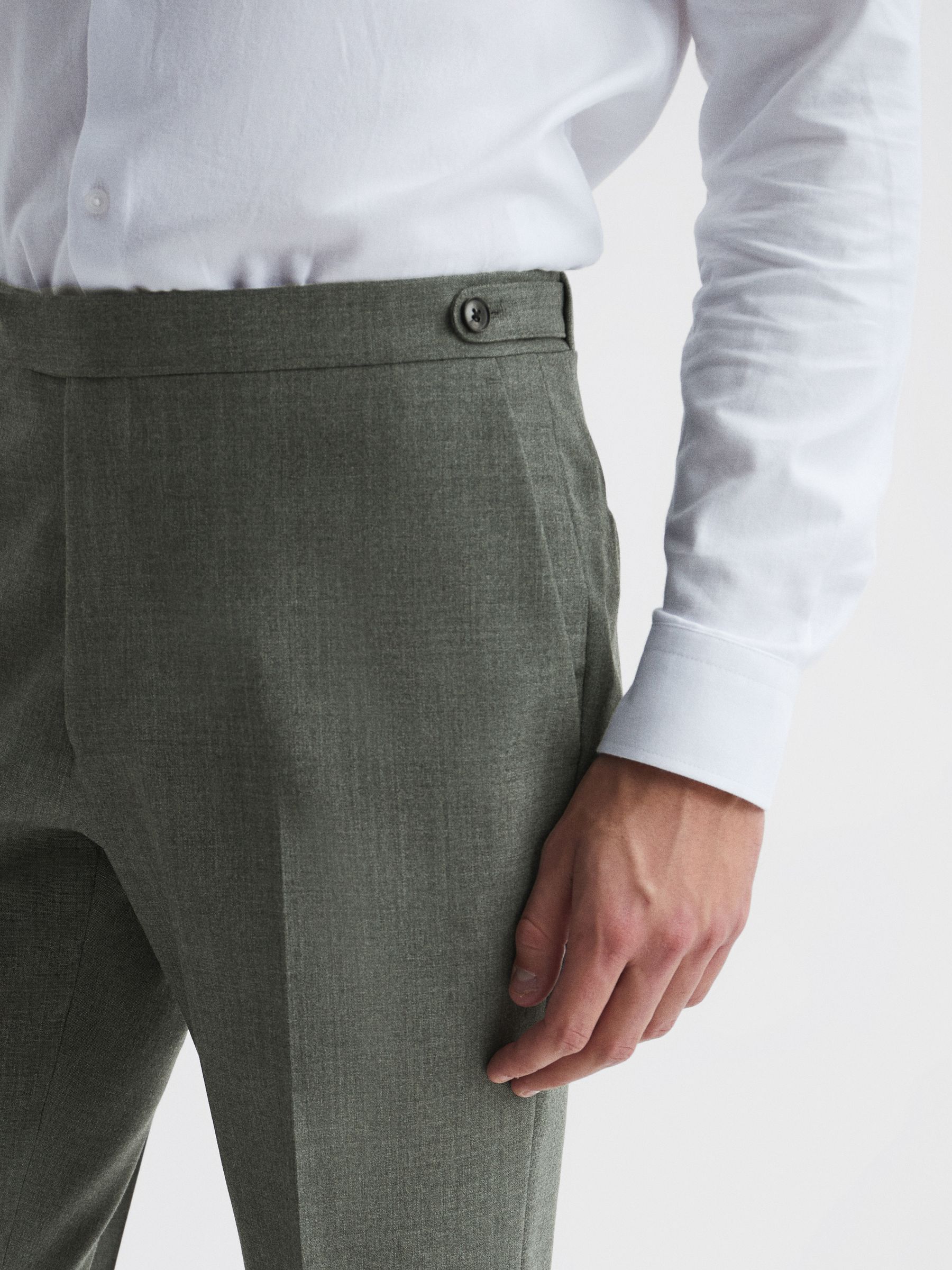 Slim Fit Wool Side Adjuster Trousers in Green - Image 4 of 5