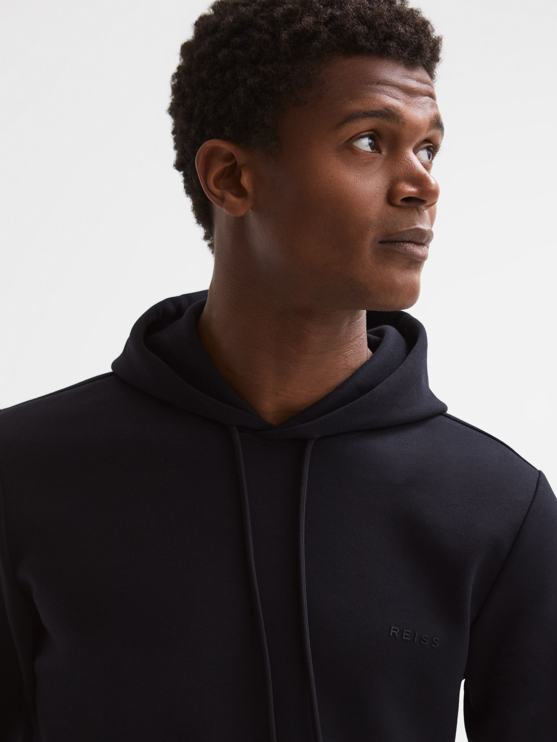Slim Fit Interlock Drawstring Motif Hoodie in Navy - Image 1 of 6