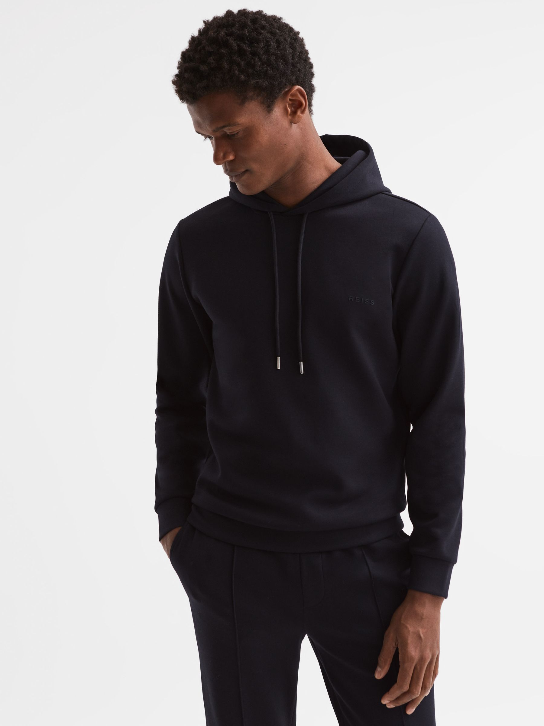 Slim Fit Interlock Drawstring Motif Hoodie in Navy - Image 4 of 6