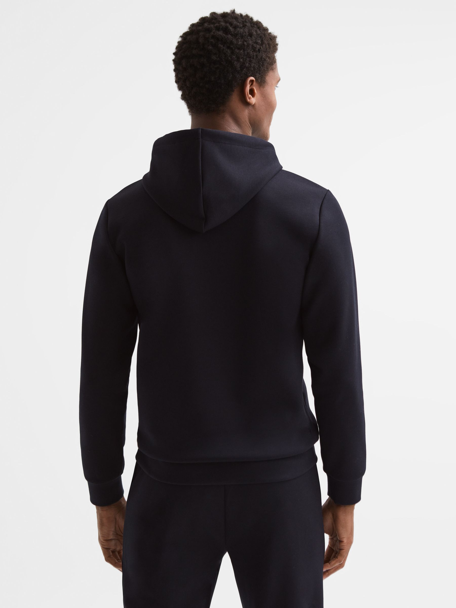 Slim Fit Interlock Drawstring Motif Hoodie in Navy - Image 5 of 6
