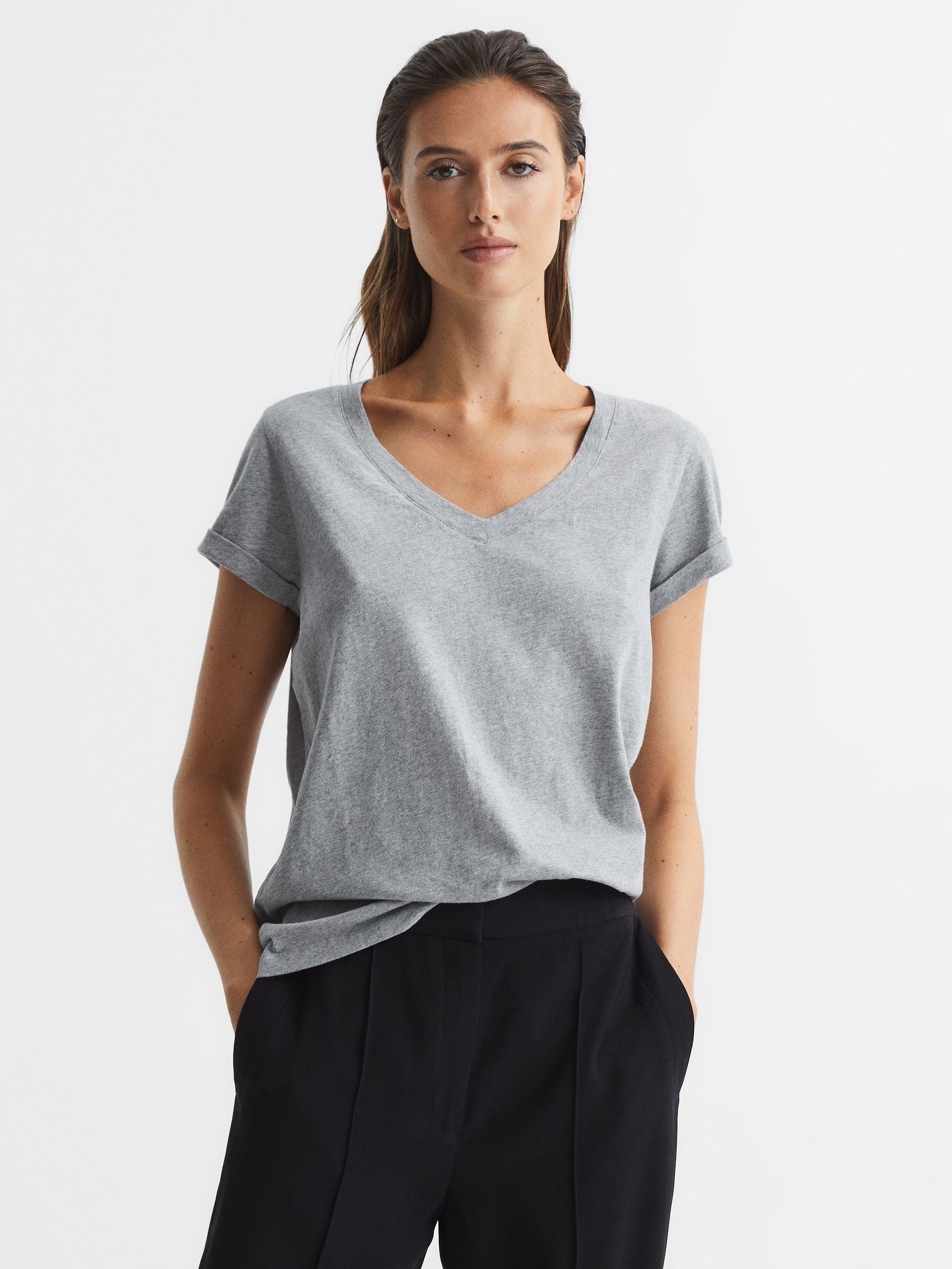 Cotton-Jersey V-Neck T-Shirt in Grey - Image 1 of 6