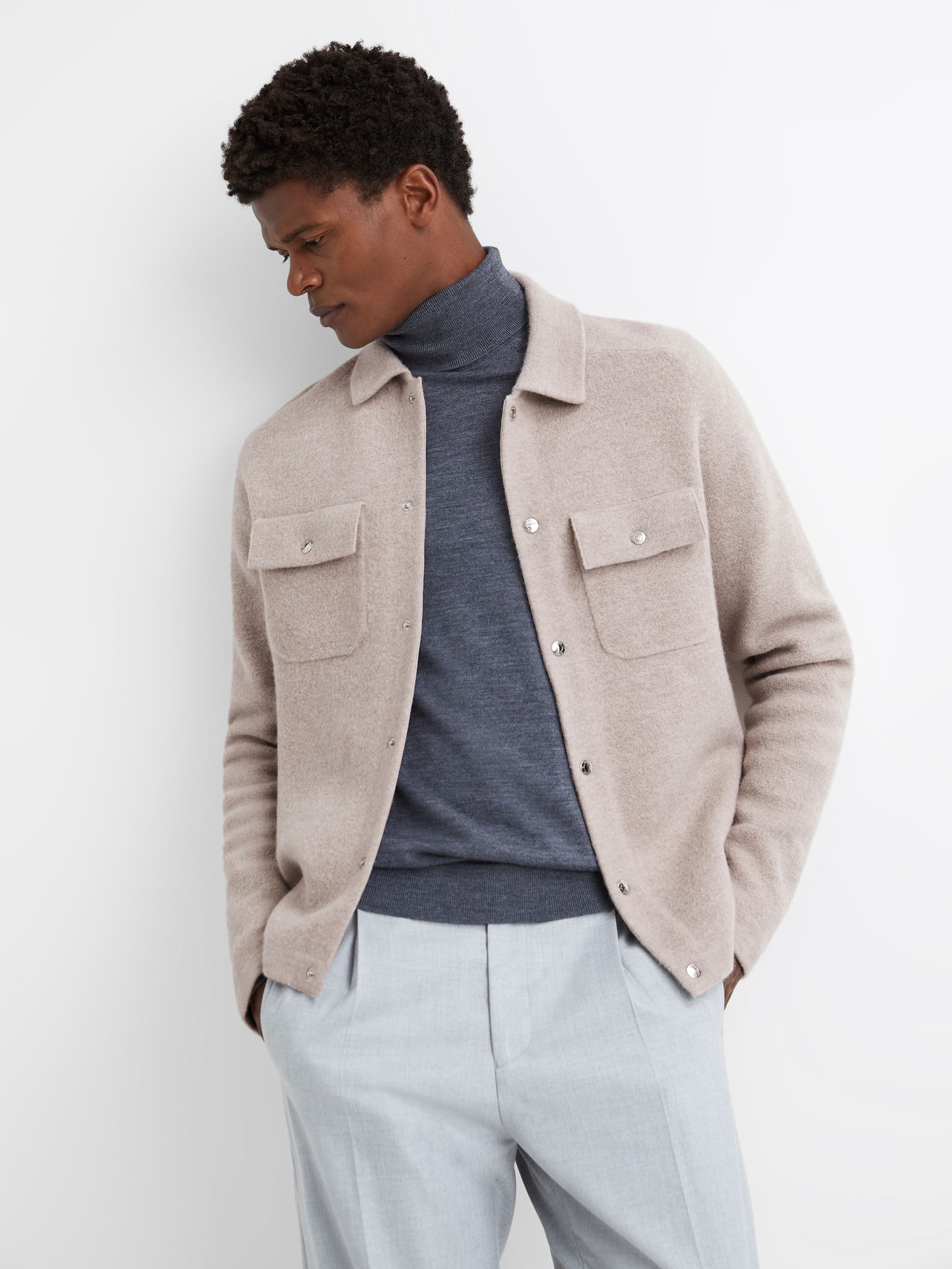 Wool Press Stud Knitted Over Shirt in Oatmeal - Image 1 of 5