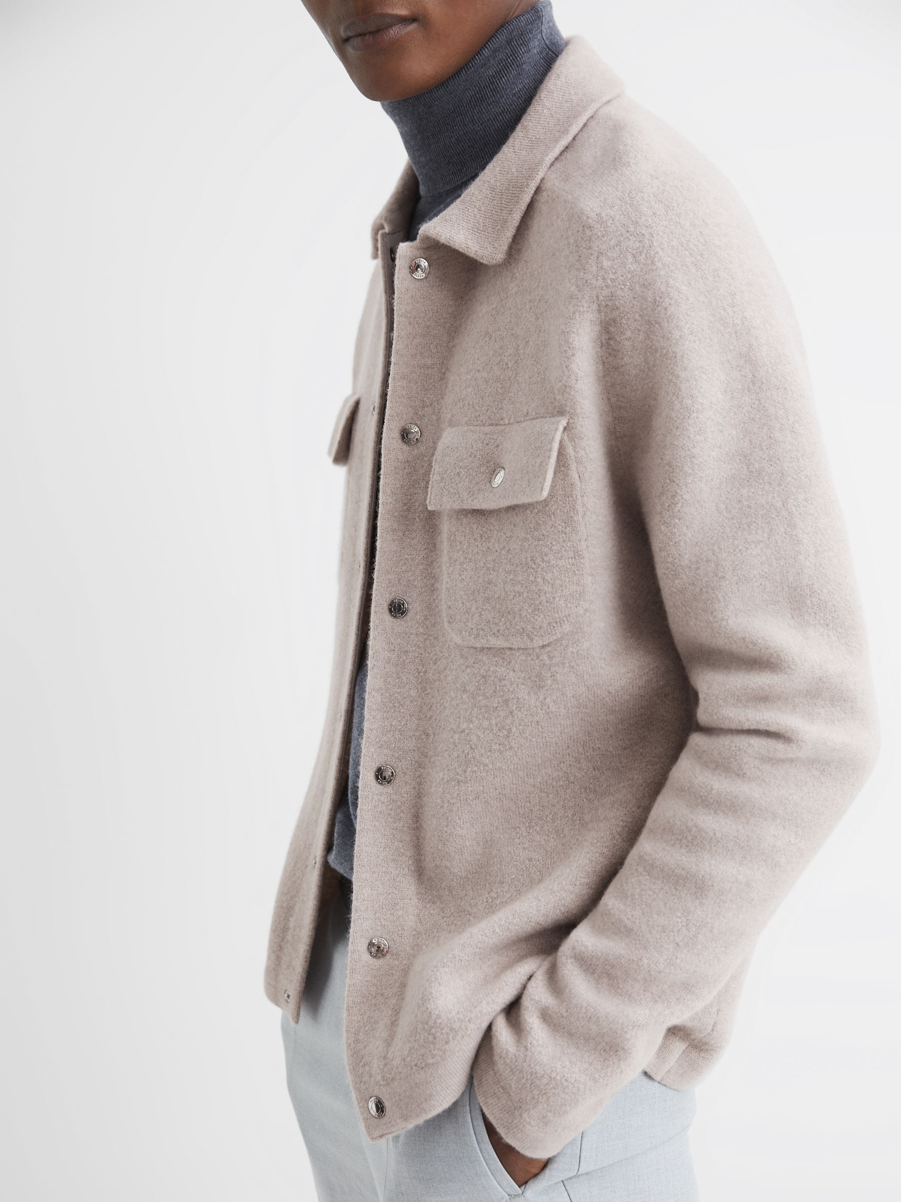 Wool Press Stud Knitted Over Shirt in Oatmeal - Image 4 of 5
