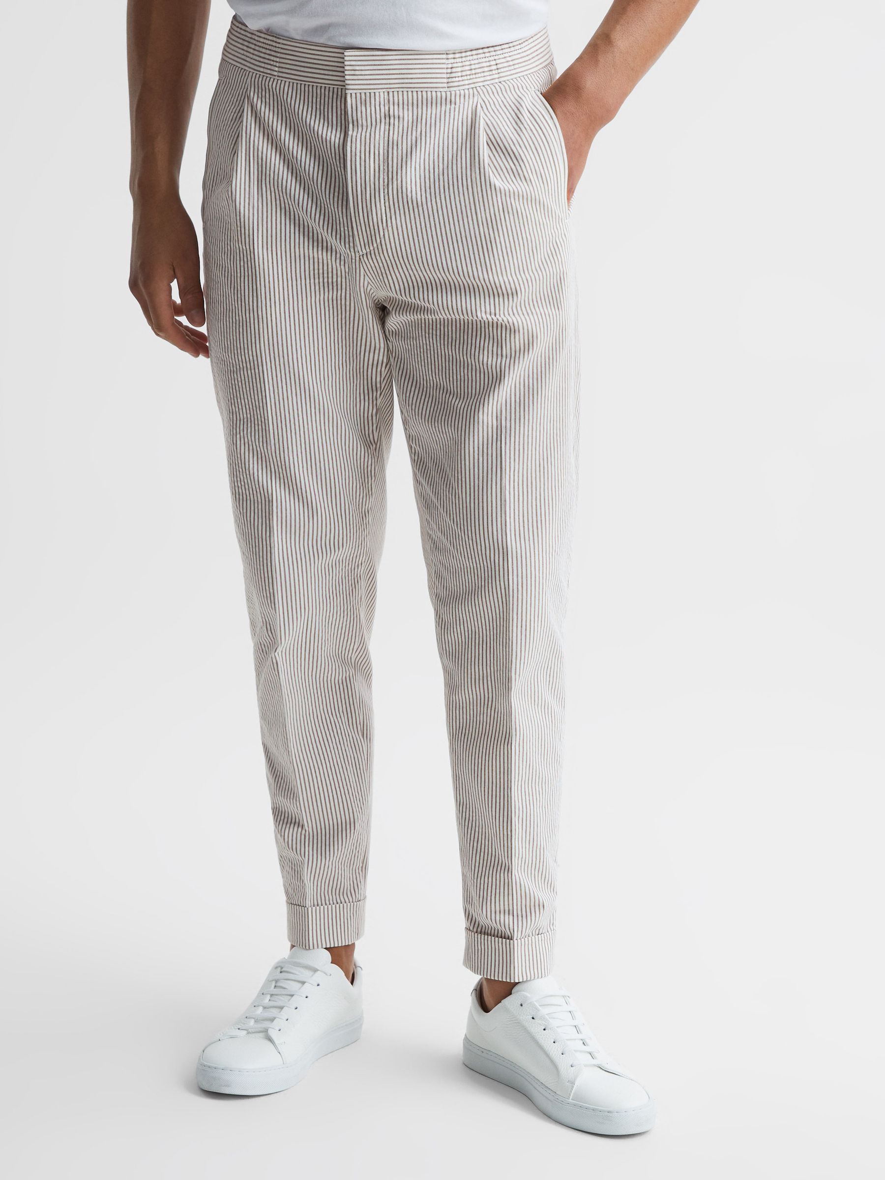 Seersucker Relaxed Fit Trousers in Taupe/White - Image 1 of 6