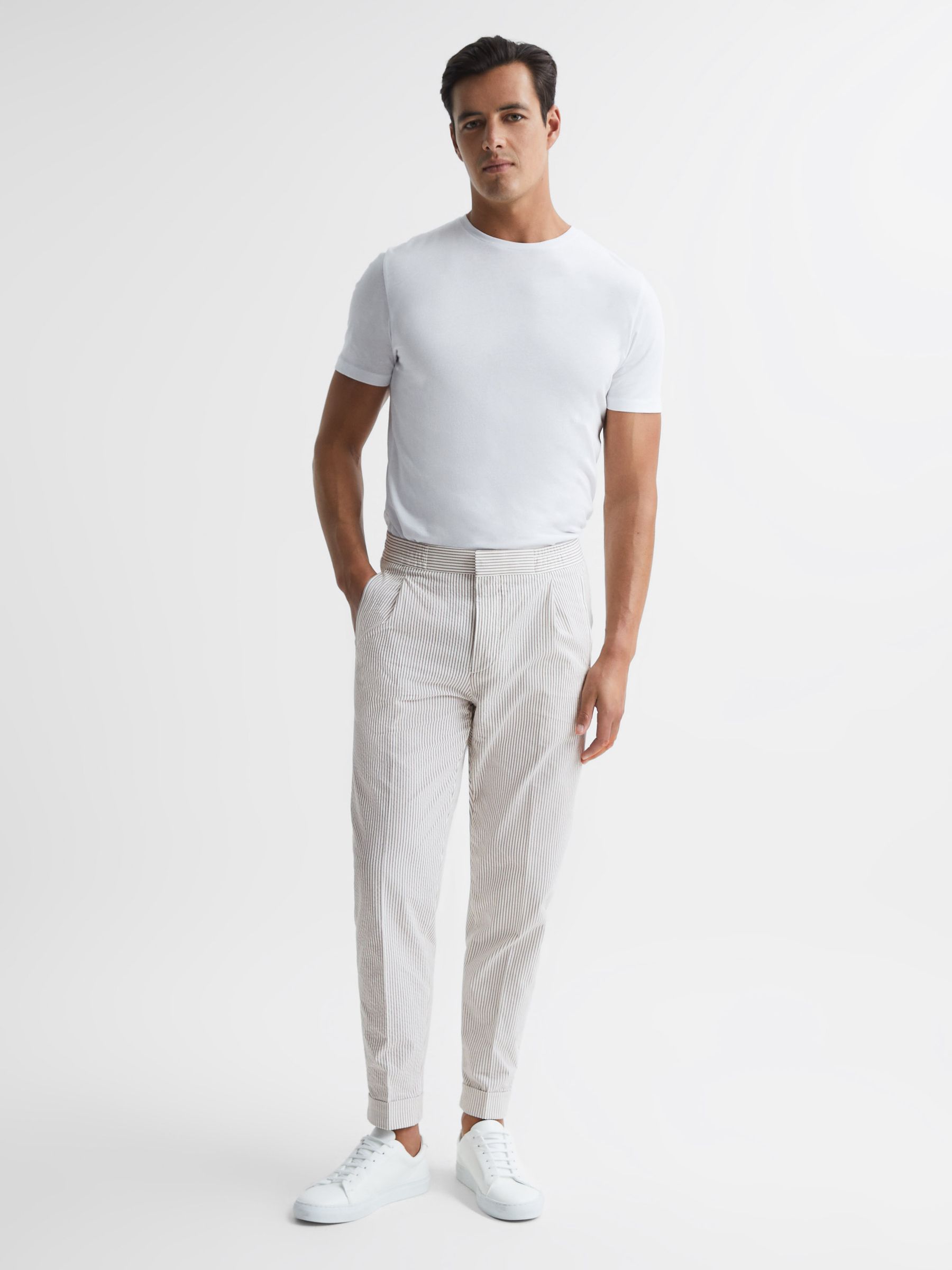 Seersucker Relaxed Fit Trousers in Taupe/White - Image 3 of 6
