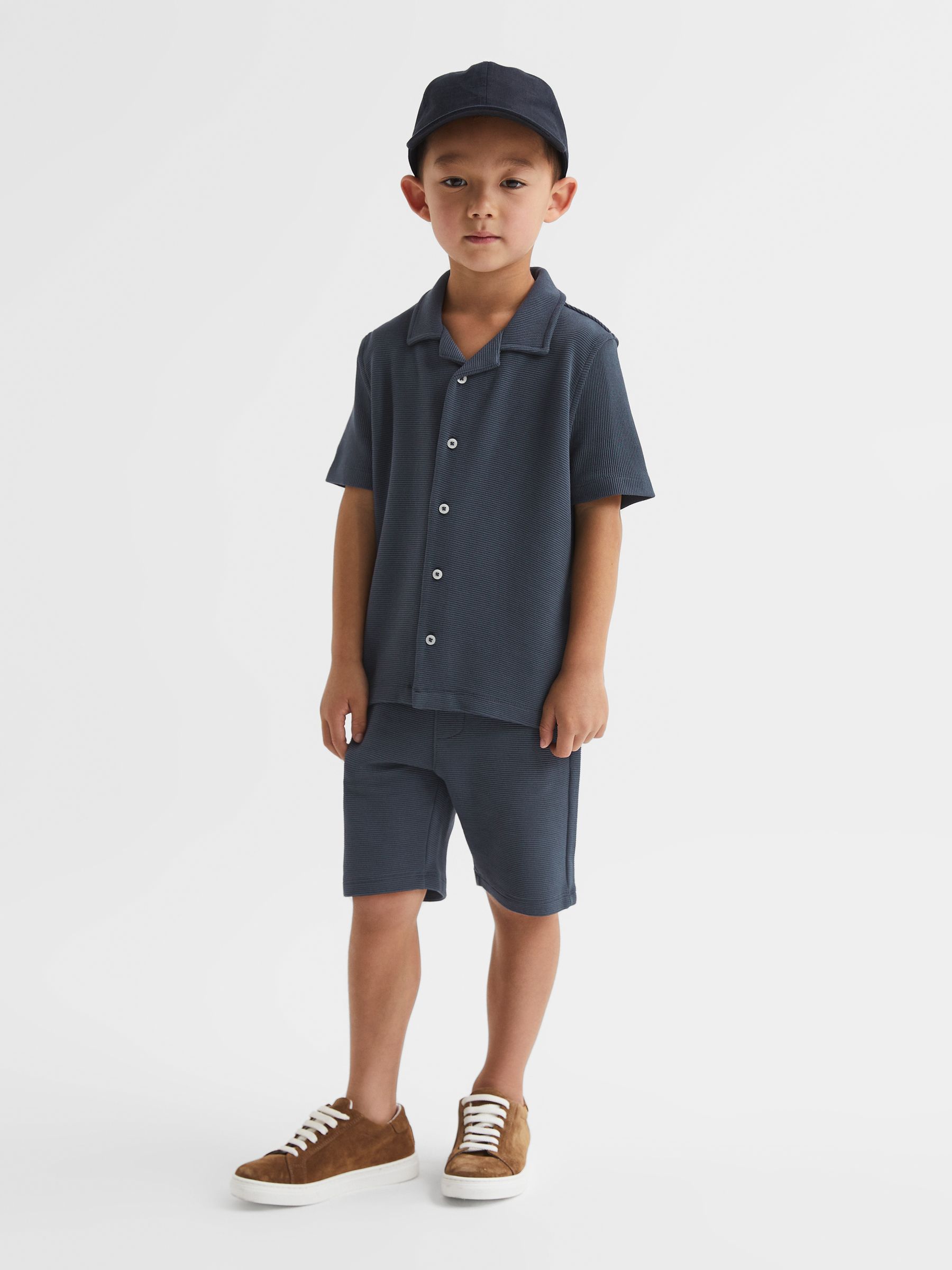 Junior Cuban Collar Ribbed Shirt in Airforce Blue - Image 1 of 7