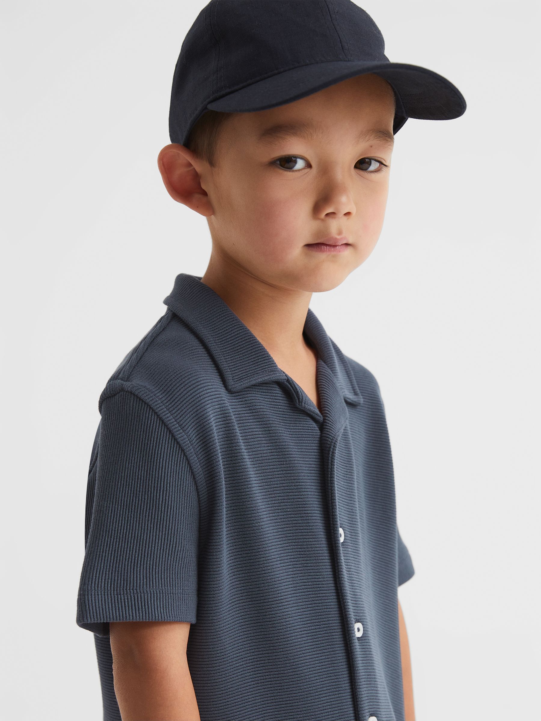 Junior Cuban Collar Ribbed Shirt in Airforce Blue - Image 3 of 7