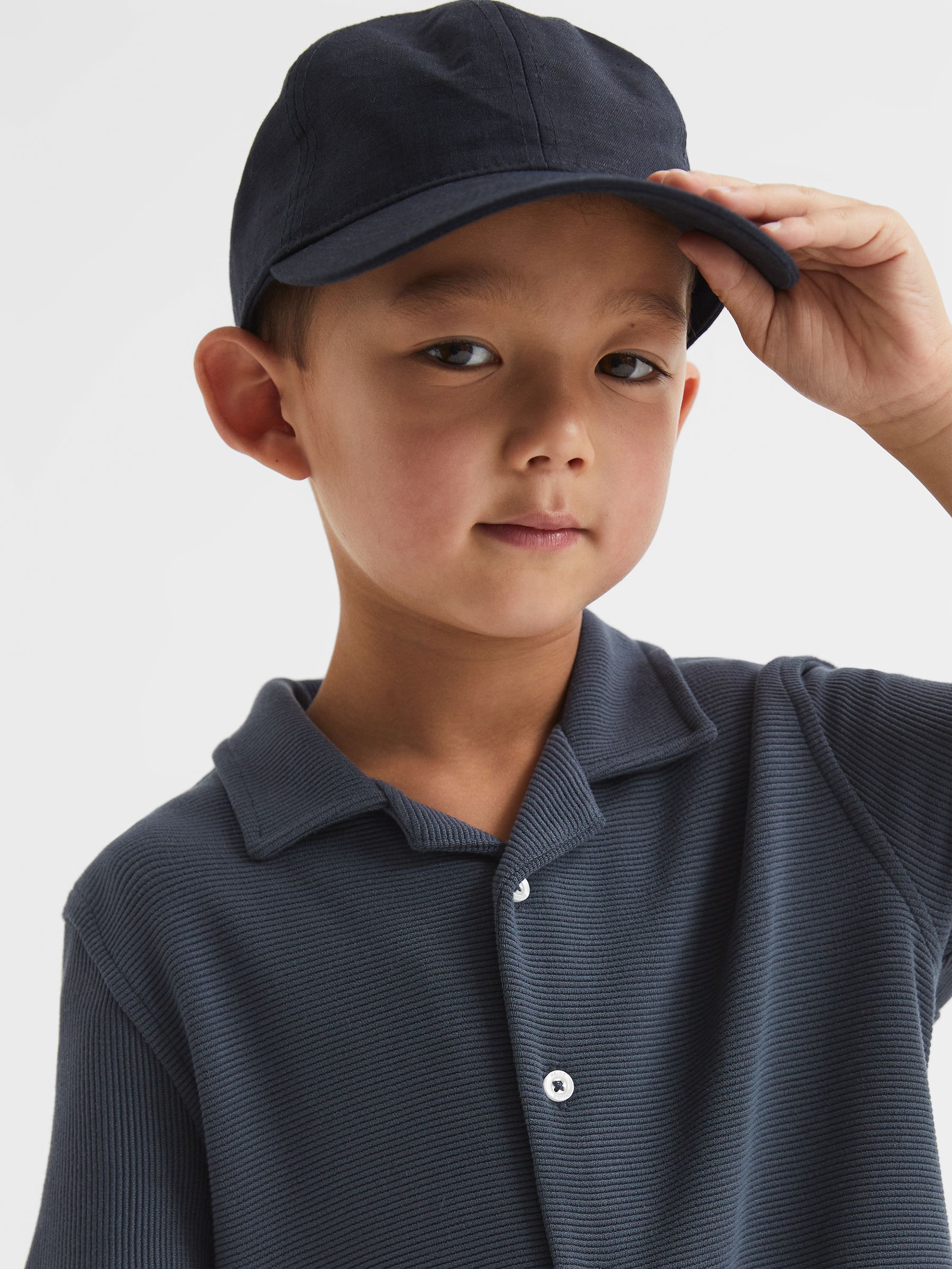 Junior Cuban Collar Ribbed Shirt in Airforce Blue - Image 4 of 7