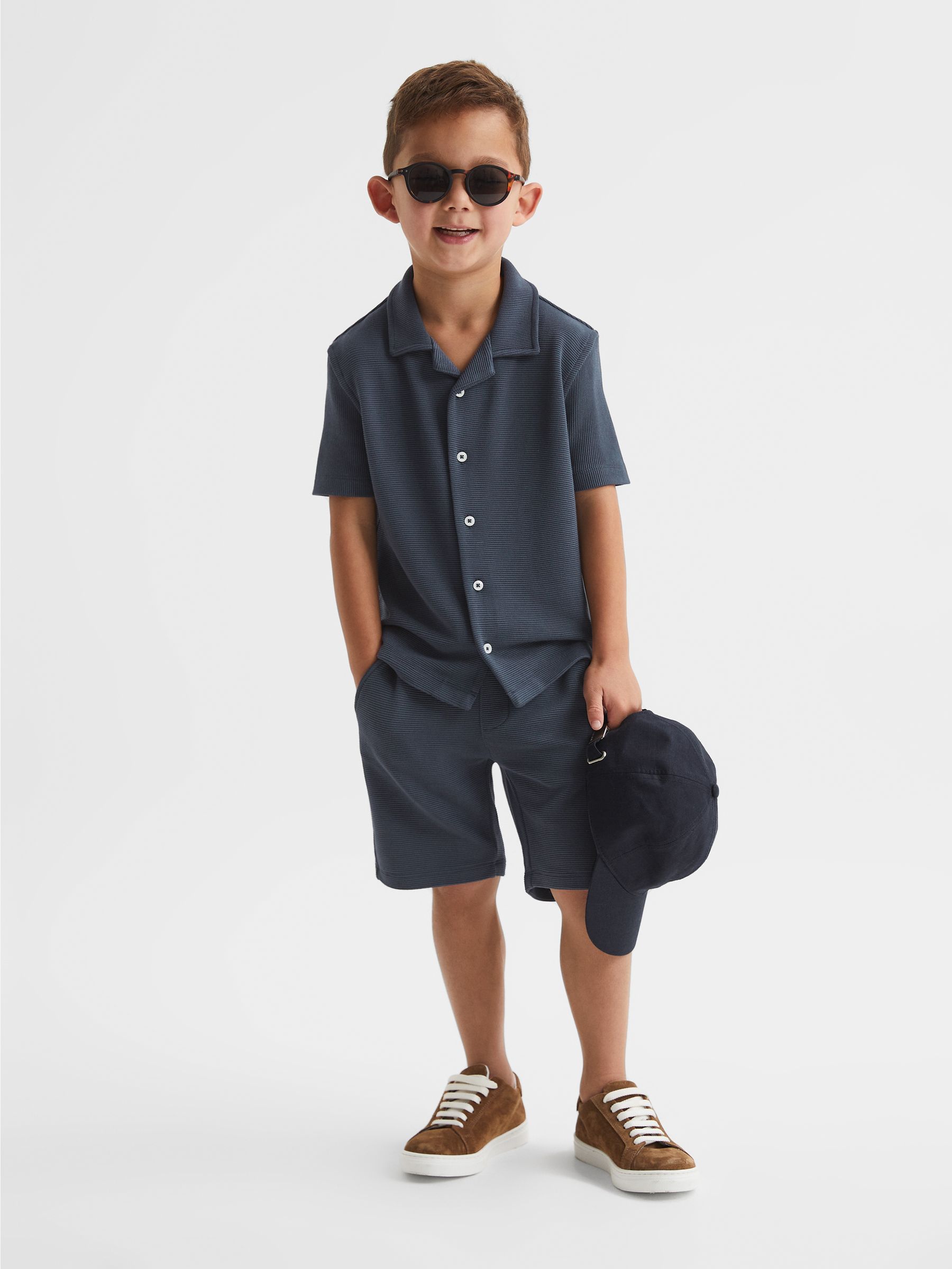 Junior Cuban Collar Ribbed Shirt in Airforce Blue - Image 6 of 7