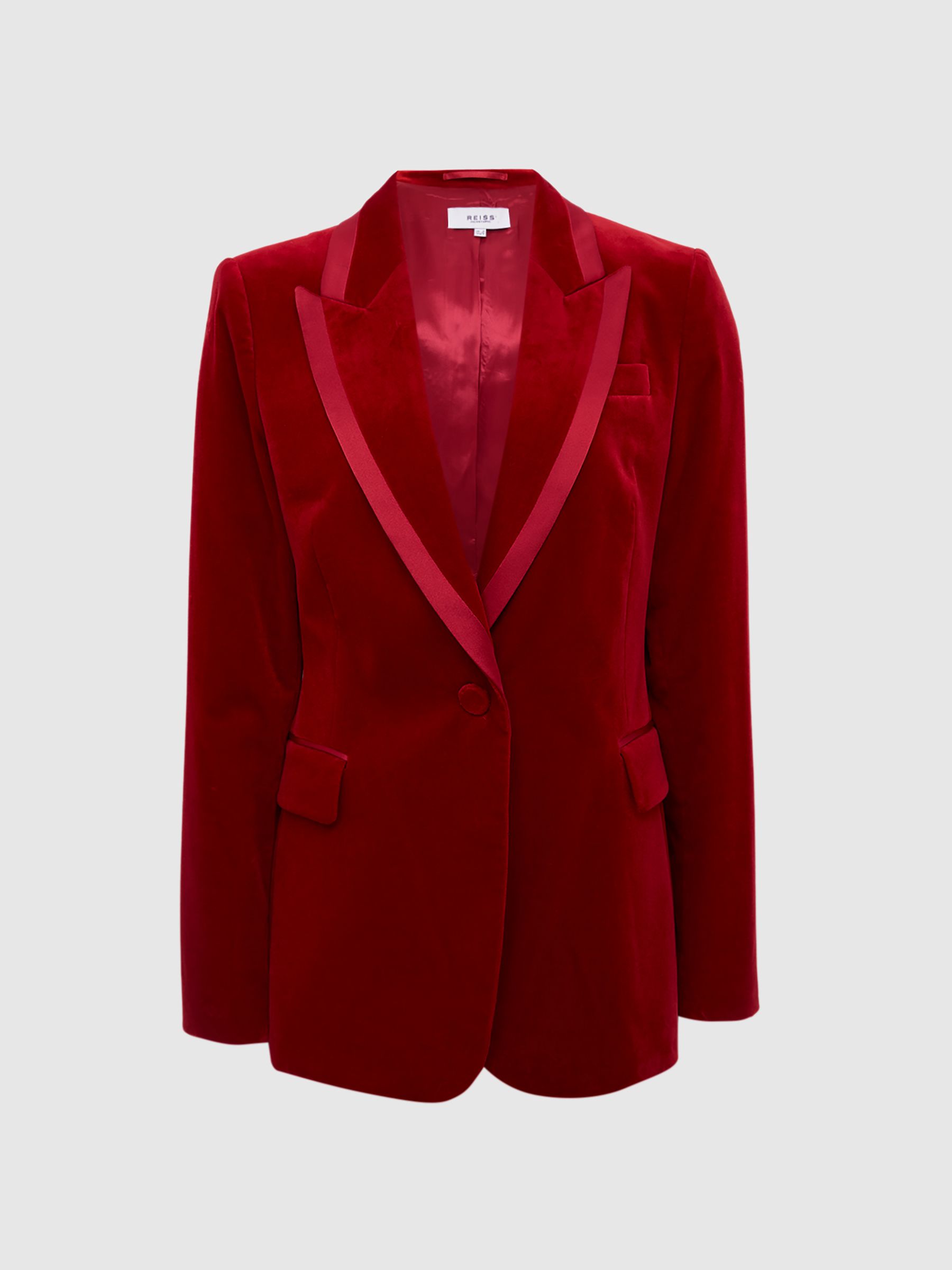 Single Breasted Tailored Velvet Blazer in Red - Image 2 of 7 Single Breasted Tailored Velvet Blazer in Red - Image 2 of 7