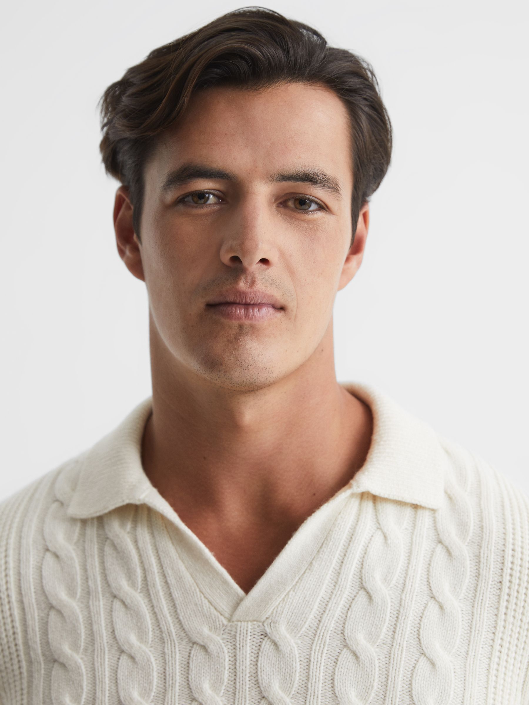 Cable Knit Open Collar Jumper in Ecru - Image 4 of 7