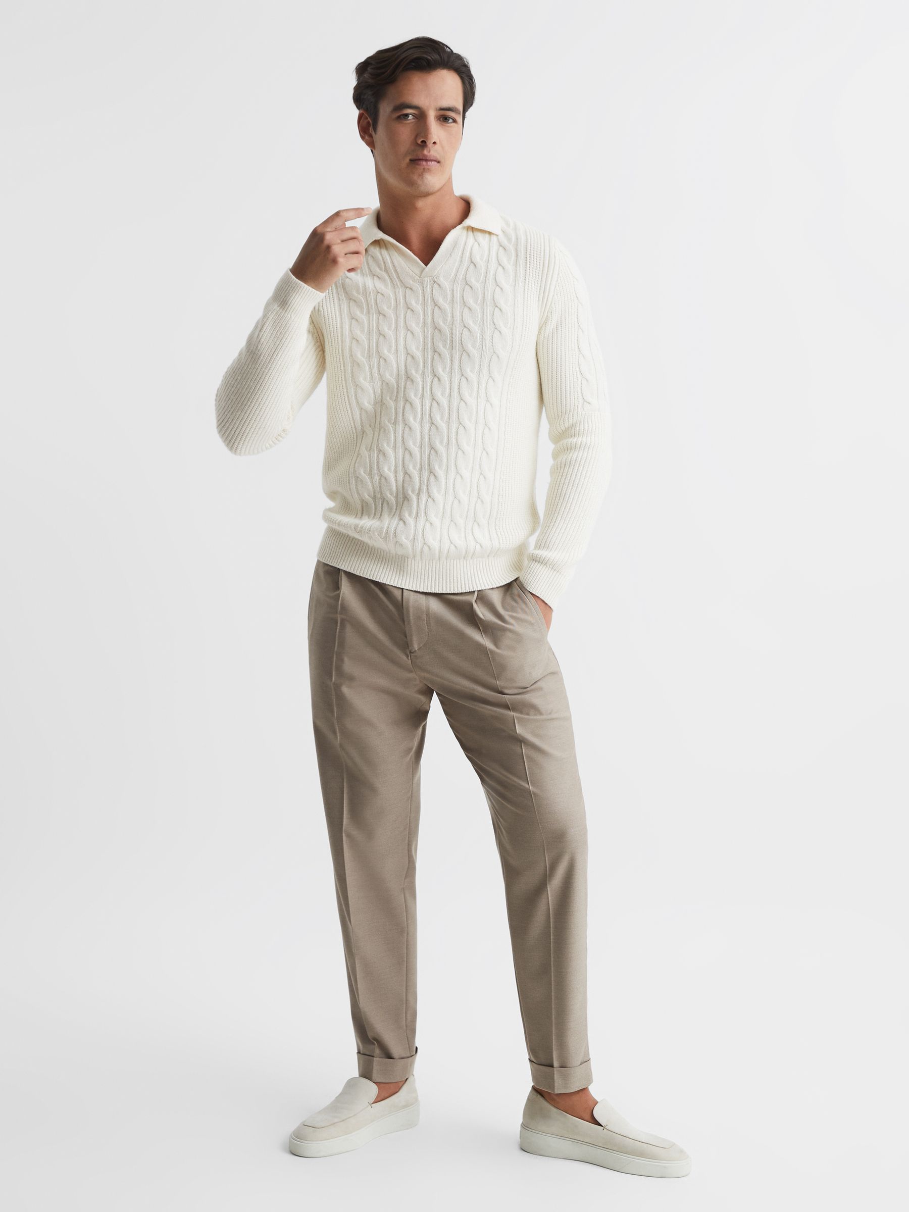Reiss Cable Knit Open Collar Jumper in Ecru - REISS